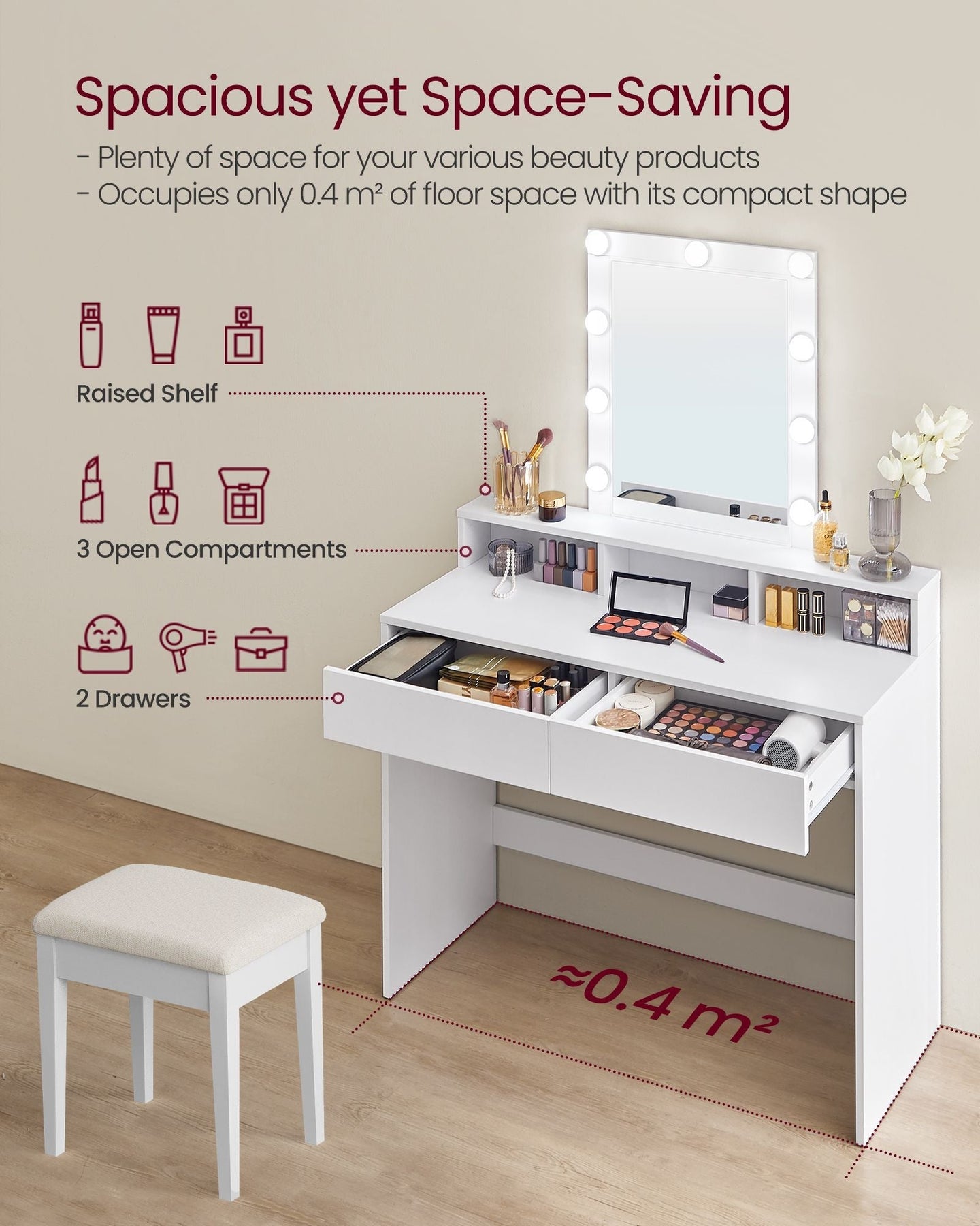 Dressing Table - Wood - White - LED Lights with Adjustable Brightness and Storage Compartments