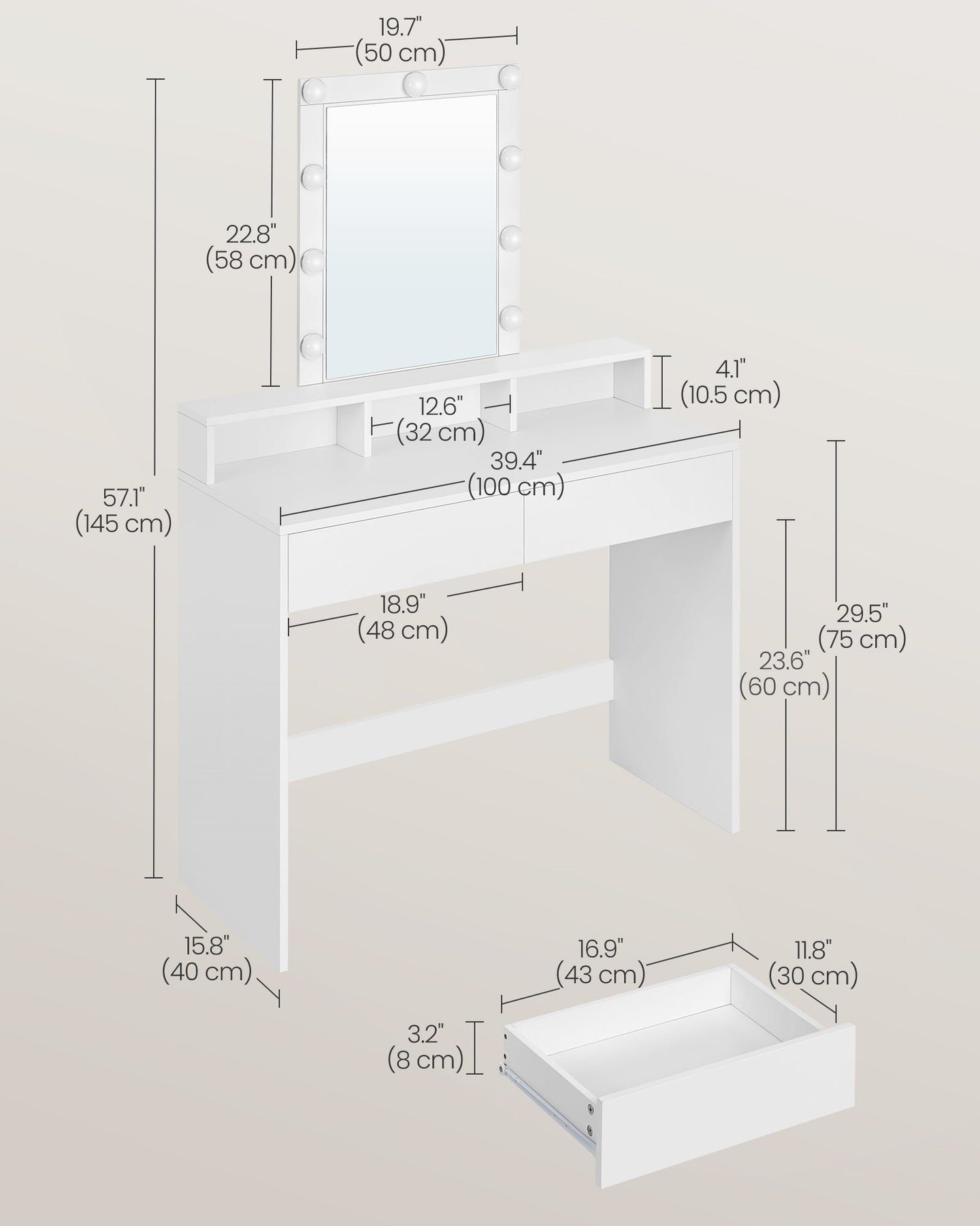 Dressing Table - Wood - White - LED Lights with Adjustable Brightness and Storage Compartments