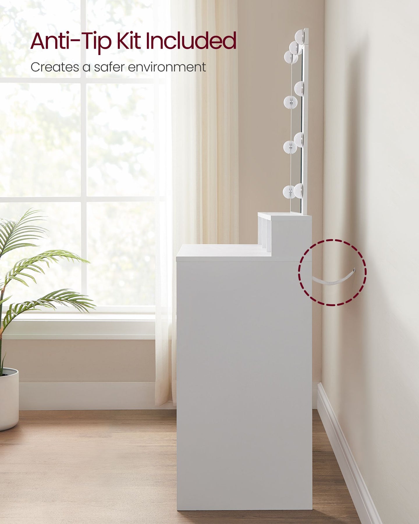 Dressing Table - Wood - White - LED Lights with Adjustable Brightness and Storage Compartments