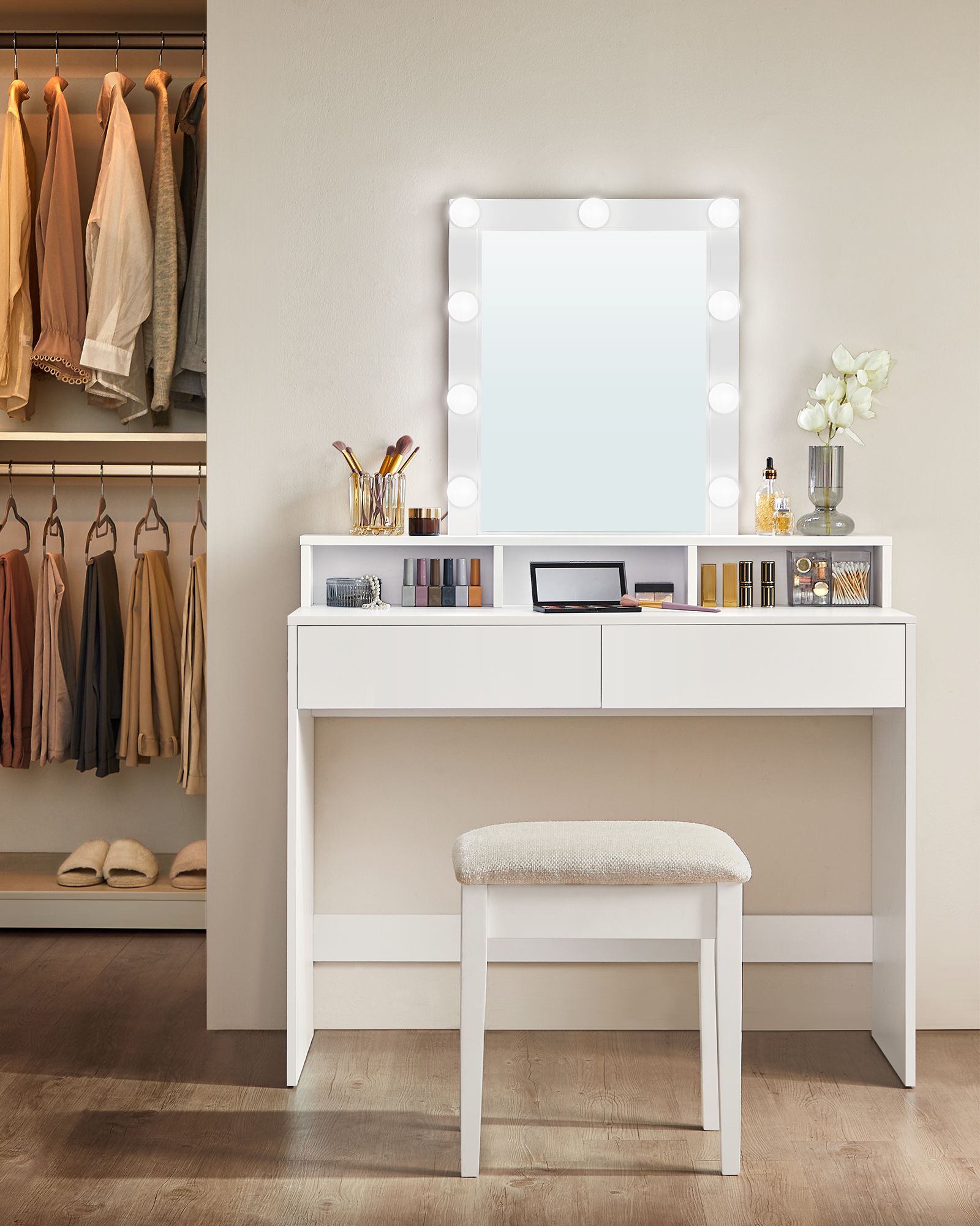 Dressing Table - Wood - White - LED Lights with Adjustable Brightness and Storage Compartments