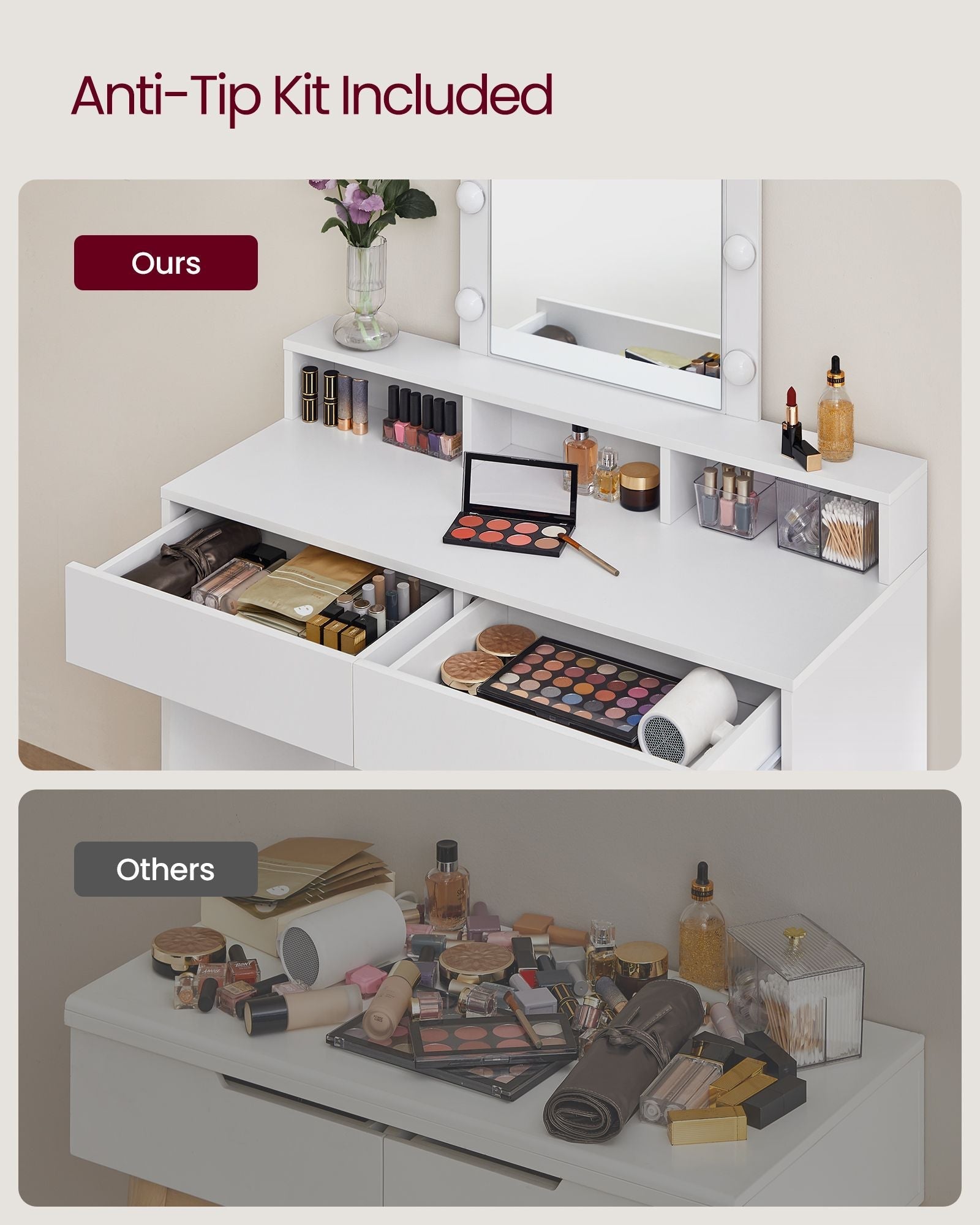 Dressing Table - Wood - White - LED Lights with Adjustable Brightness and Storage Compartments