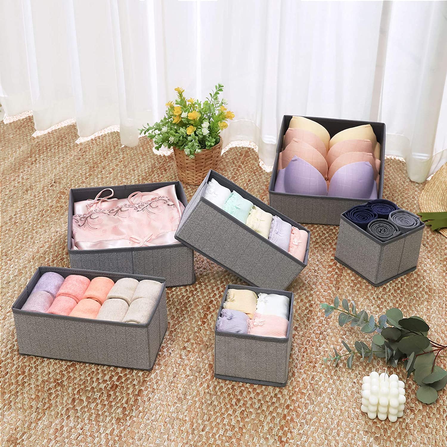 Set of 6 Foldable Drawer Organizers - Linenette Non-Woven Fabric - Dark Grey - Versatile Storage for Socks