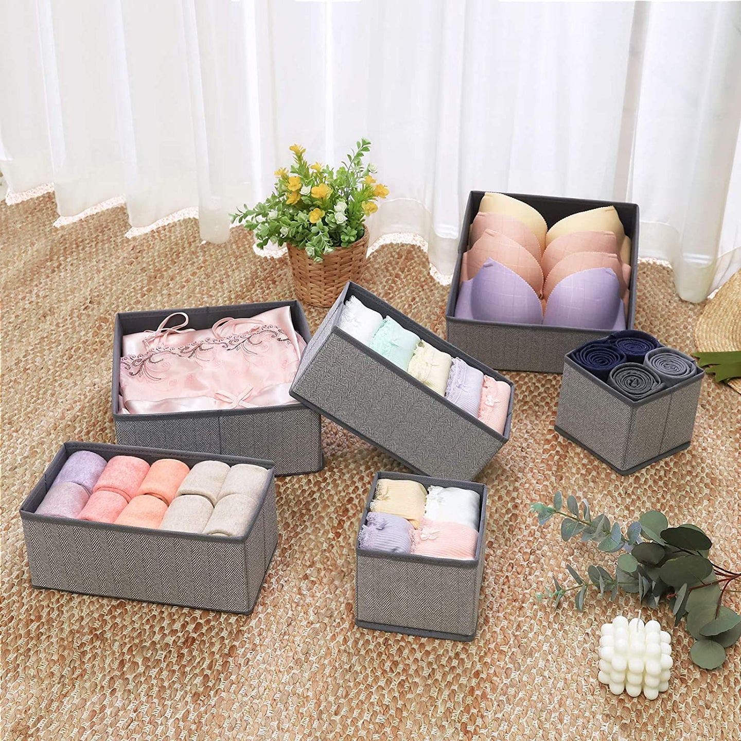 Set of 6 Foldable Drawer Organizers - Linenette Non-Woven Fabric - Dark Grey - Versatile Storage for Socks