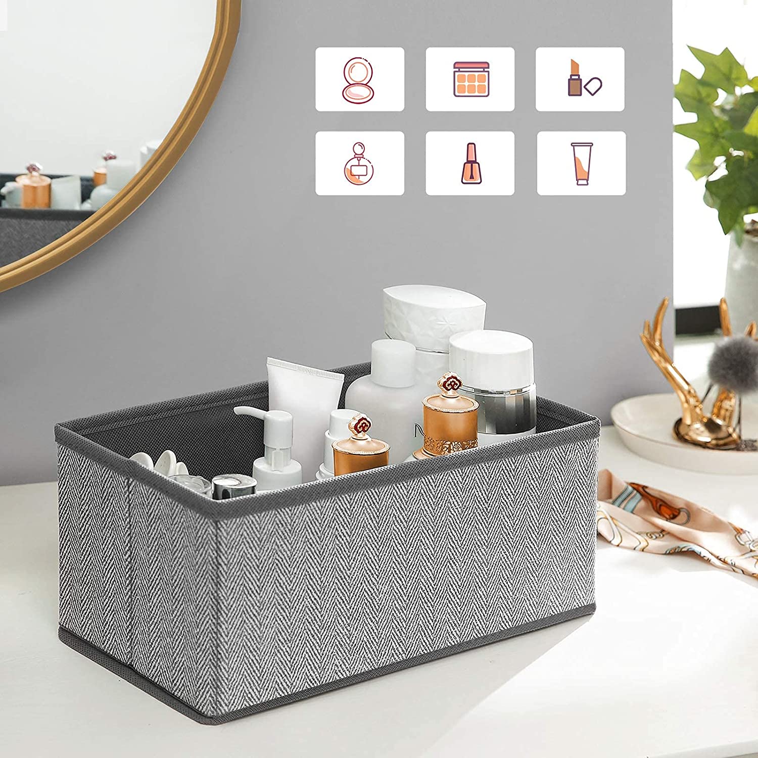 Set of 6 Foldable Drawer Organizers - Linenette Non-Woven Fabric - Dark Grey - Versatile Storage for Socks