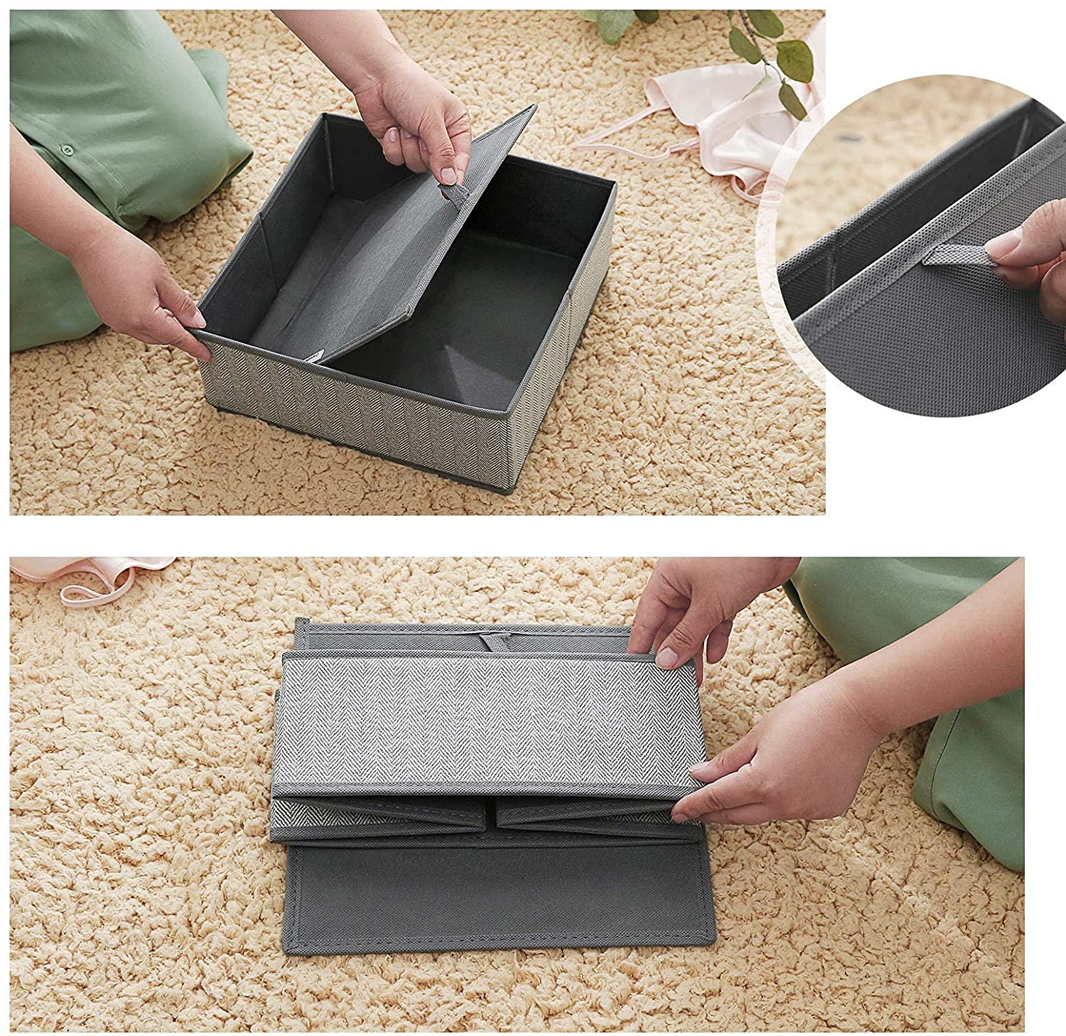 Set of 6 Foldable Drawer Organizers - Linenette Non-Woven Fabric - Dark Grey - Versatile Storage for Socks