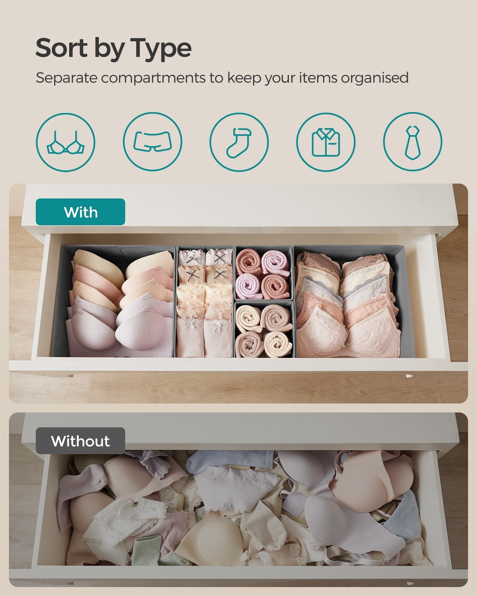 Set of 12 Foldable Fabric Drawer Organisers - Linenette Non-Woven Fabric - Dove Grey