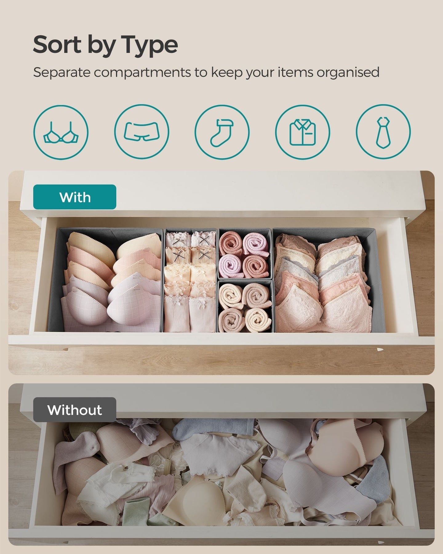 Set of 12 Foldable Fabric Drawer Organisers - Linenette Non-Woven Fabric - Dove Grey