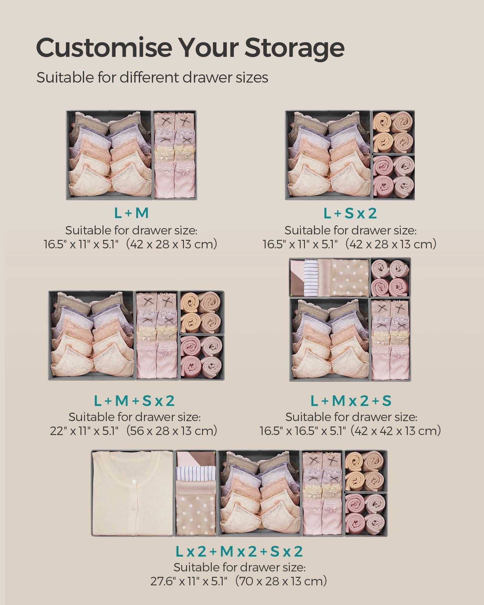 Set of 12 Foldable Fabric Drawer Organisers - Linenette Non-Woven Fabric - Dove Grey