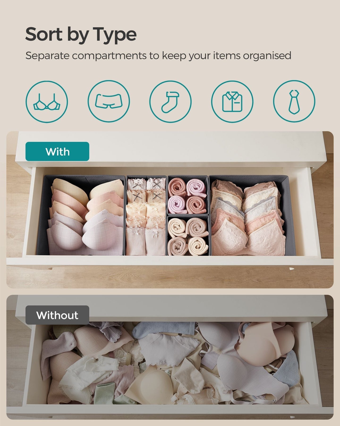 Set of 12 Foldable Fabric Drawer Organisers - Linenette Non-Woven Fabric - Slate Grey - Ideal for Socks