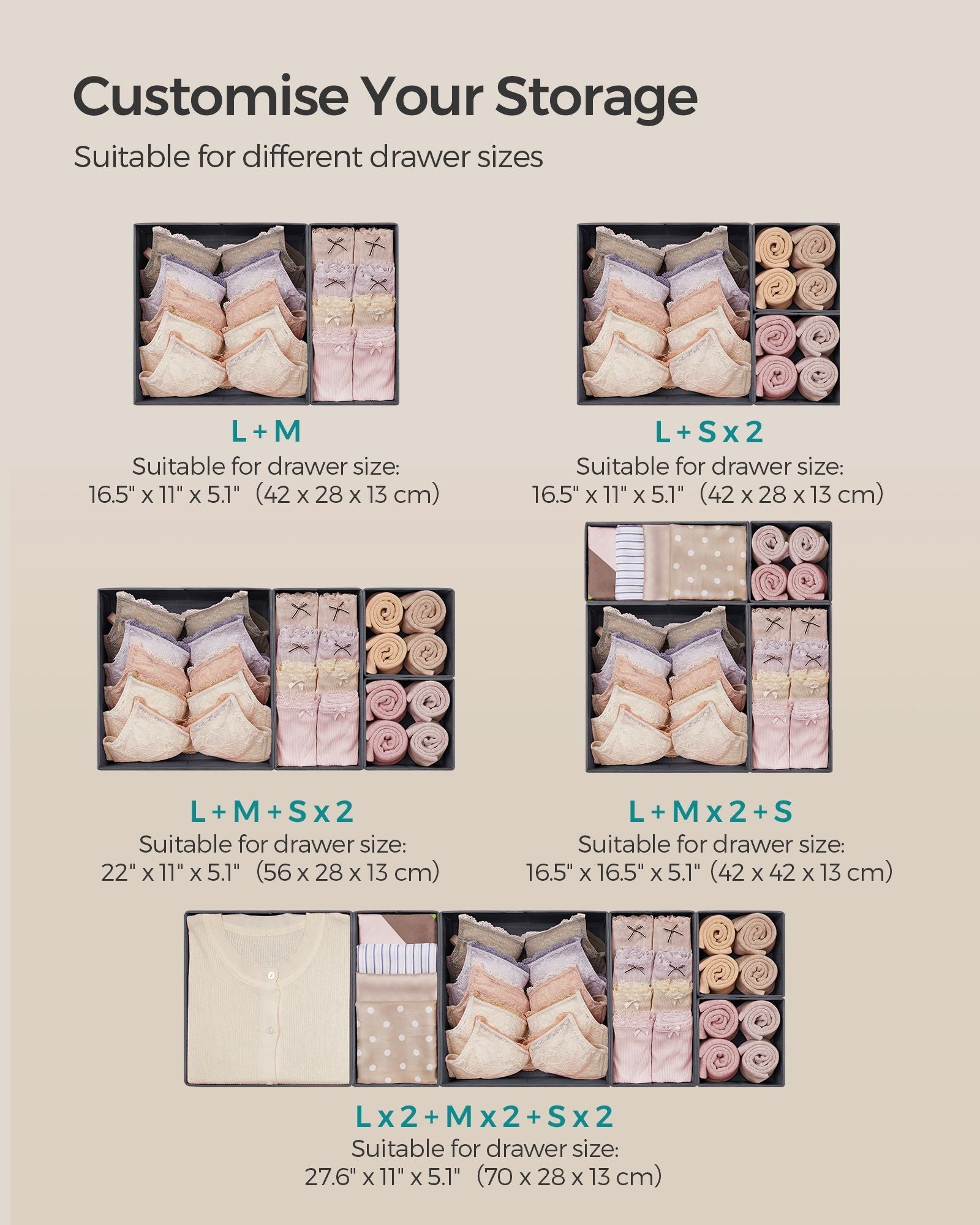 Set of 12 Foldable Fabric Drawer Organisers - Linenette Non-Woven Fabric - Slate Grey - Ideal for Socks