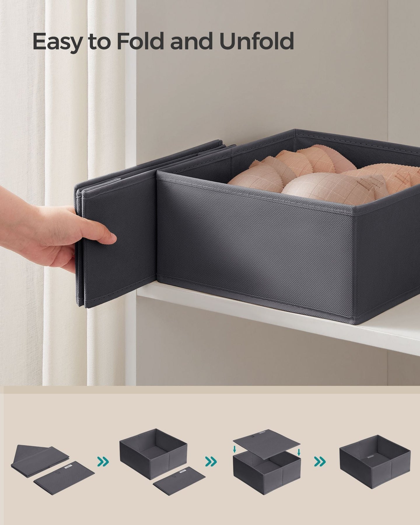 Set of 12 Foldable Fabric Drawer Organisers - Linenette Non-Woven Fabric - Slate Grey - Ideal for Socks
