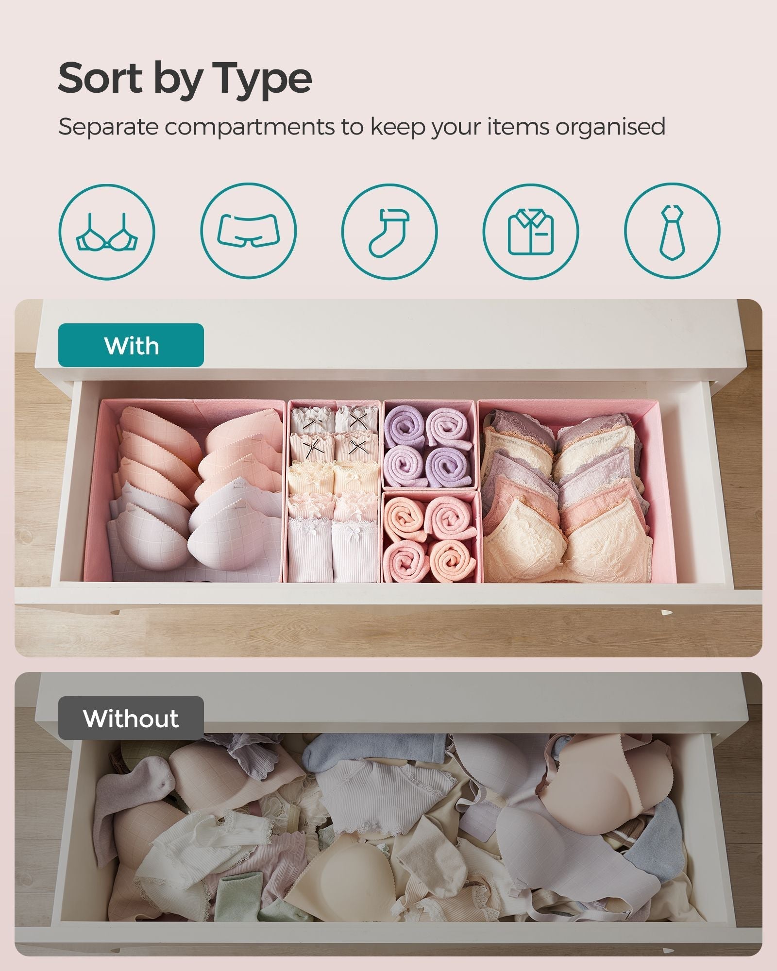 Set of 12 Foldable Fabric Drawer Organisers - Non-Woven Fabric - Jelly Pink - Versatile Storage for Socks