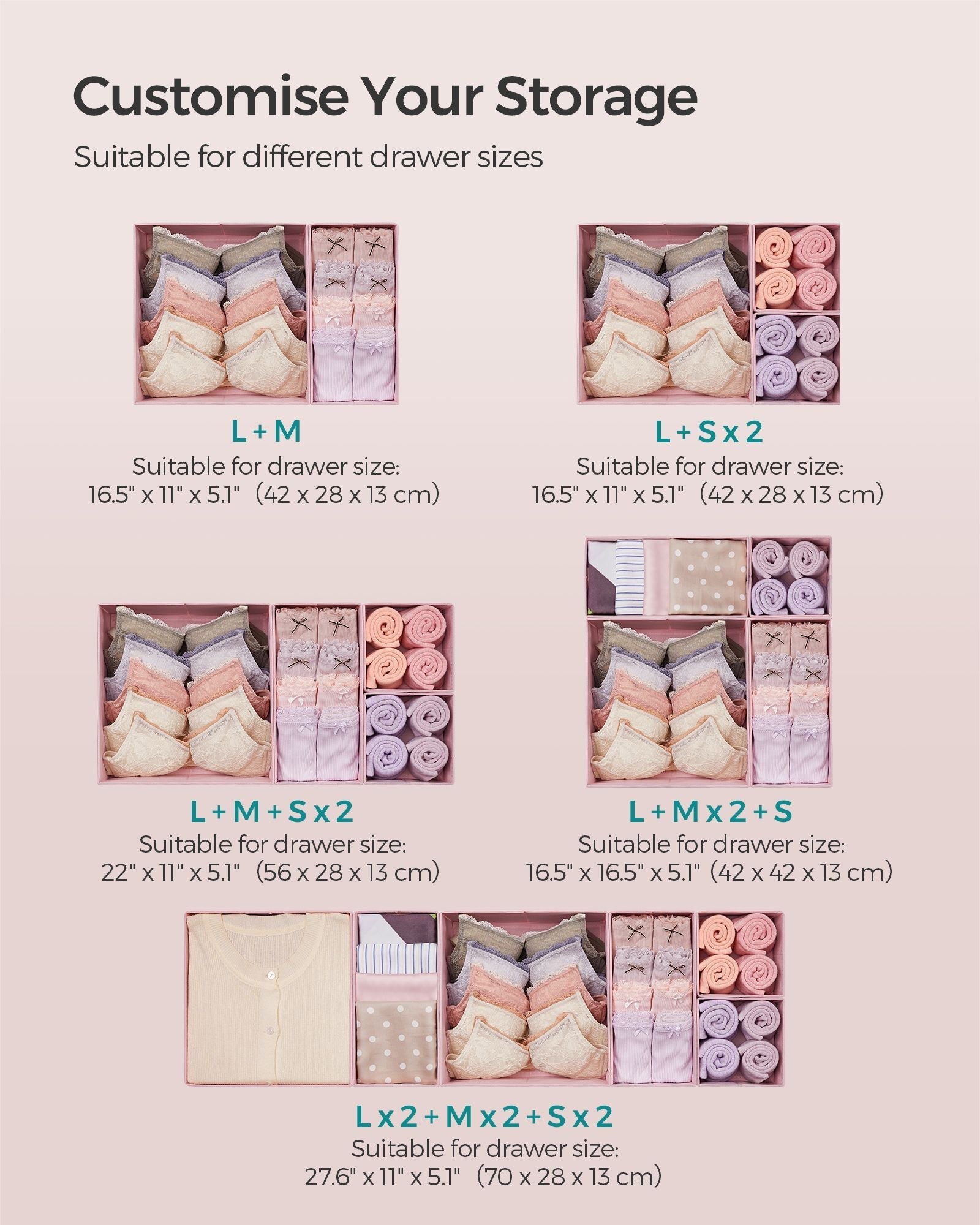Set of 12 Foldable Fabric Drawer Organisers - Non-Woven Fabric - Jelly Pink - Versatile Storage for Socks