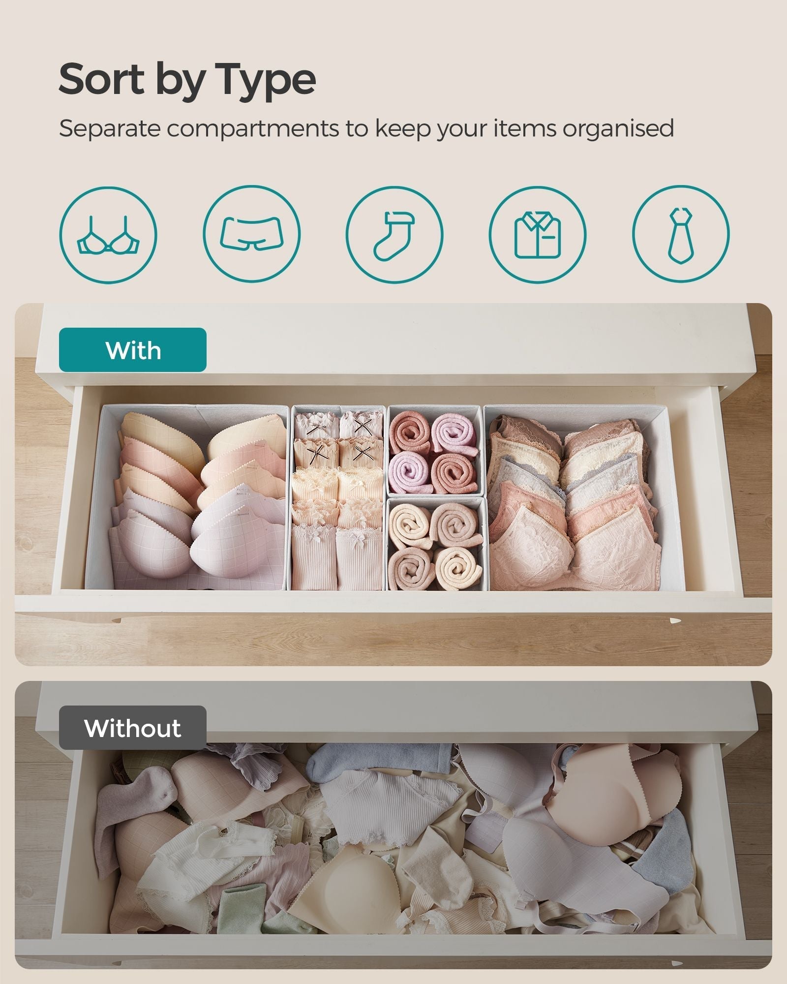 Set of 6 Foldable Fabric Drawer Organisers - Non-Woven Fabric - Cloud White - Versatile Storage for Socks