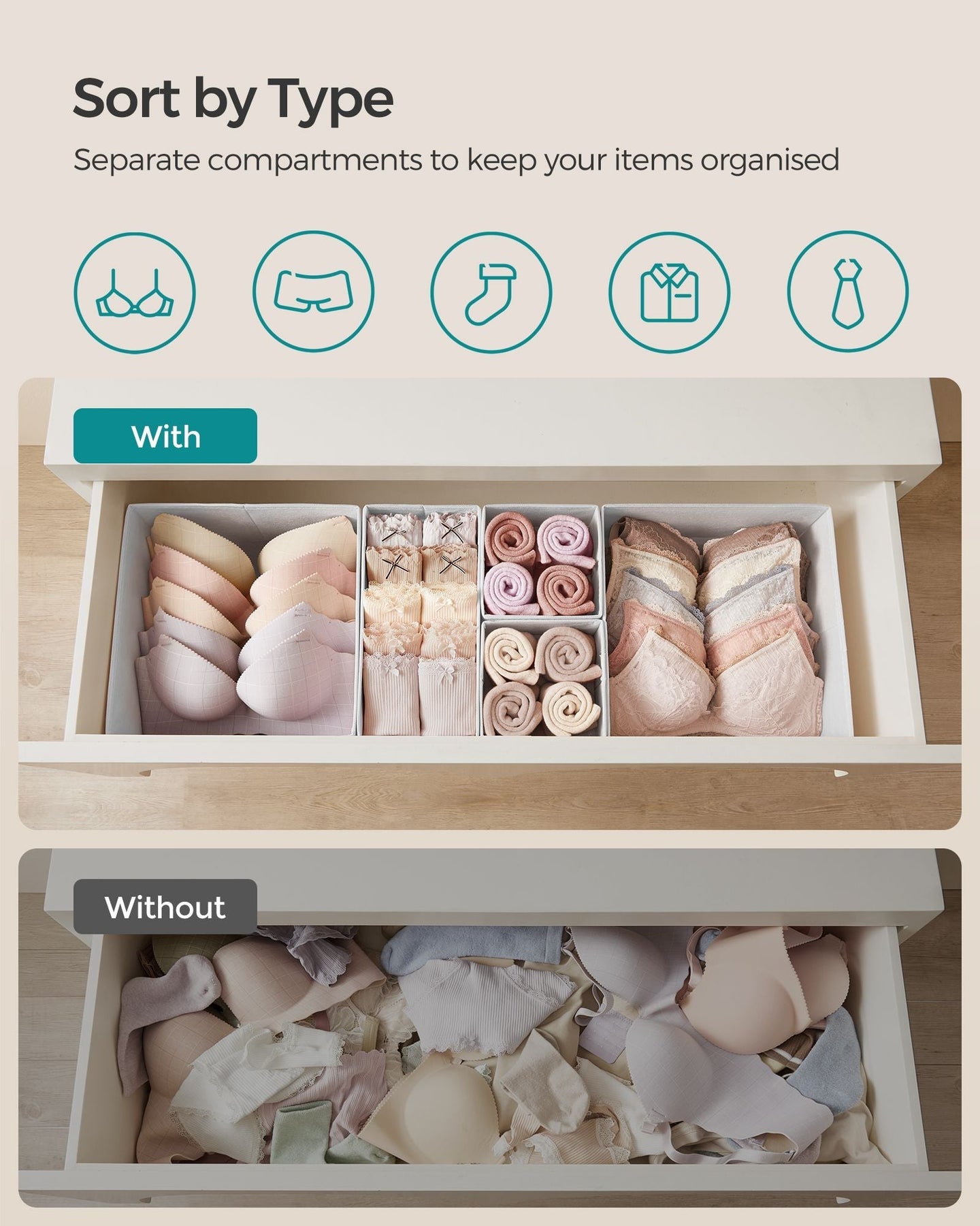 Set of 6 Foldable Fabric Drawer Organisers - Non-Woven Fabric - Cloud White - Versatile Storage for Socks