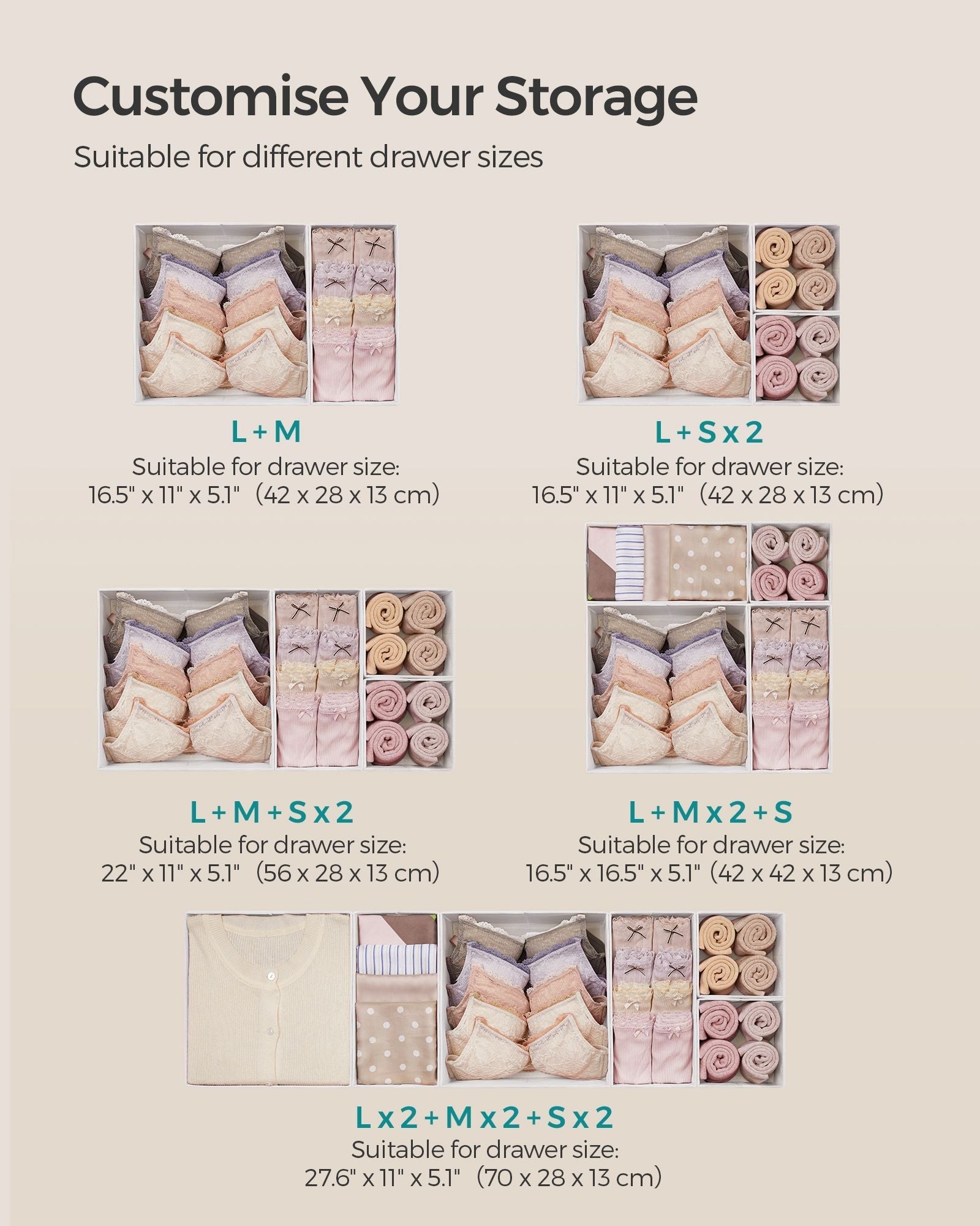 Set of 12 Foldable Fabric Drawer Organisers - Linenette Non-Woven Fabric - Cloud White