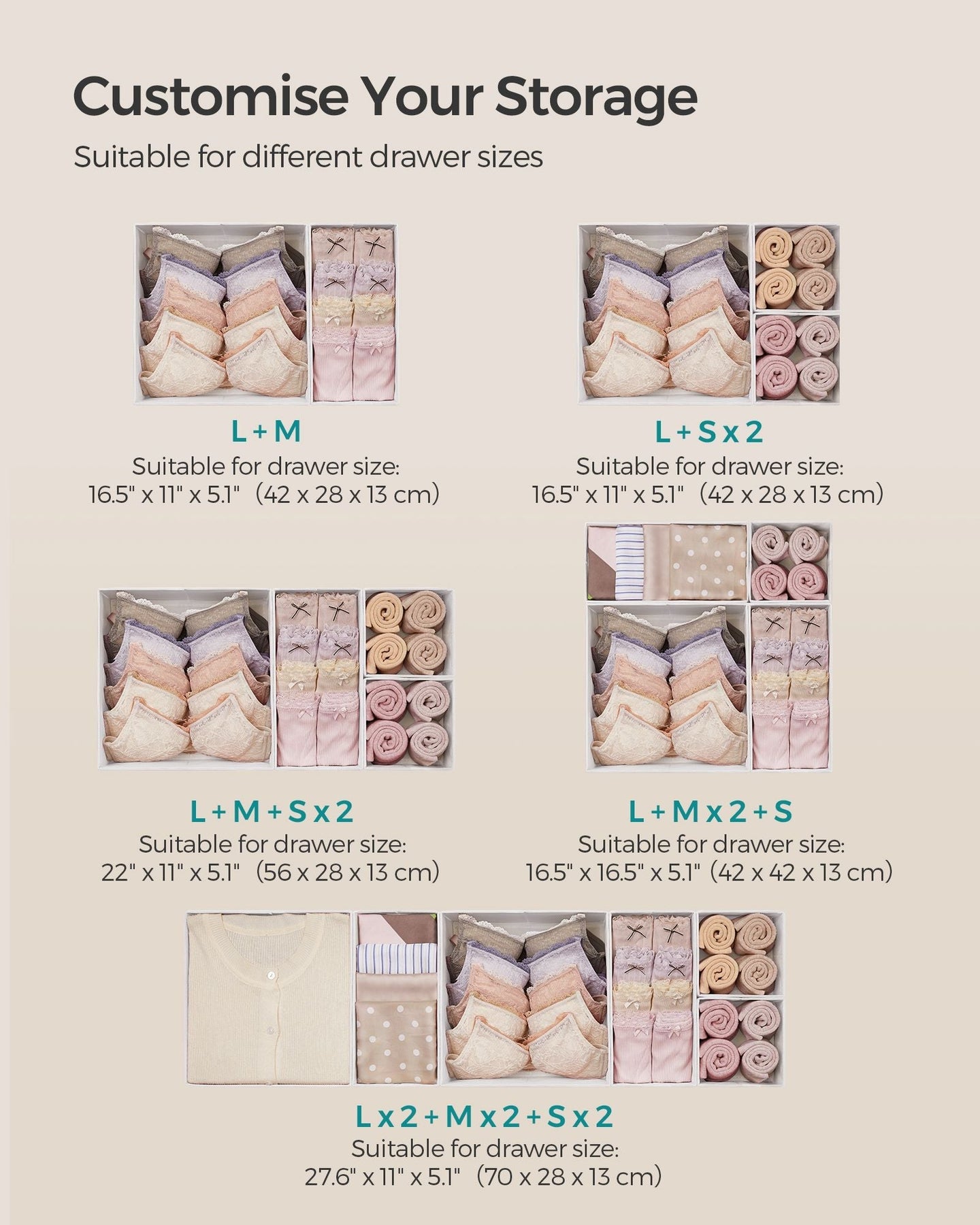 Set of 12 Foldable Fabric Drawer Organisers - Linenette Non-Woven Fabric - Cloud White