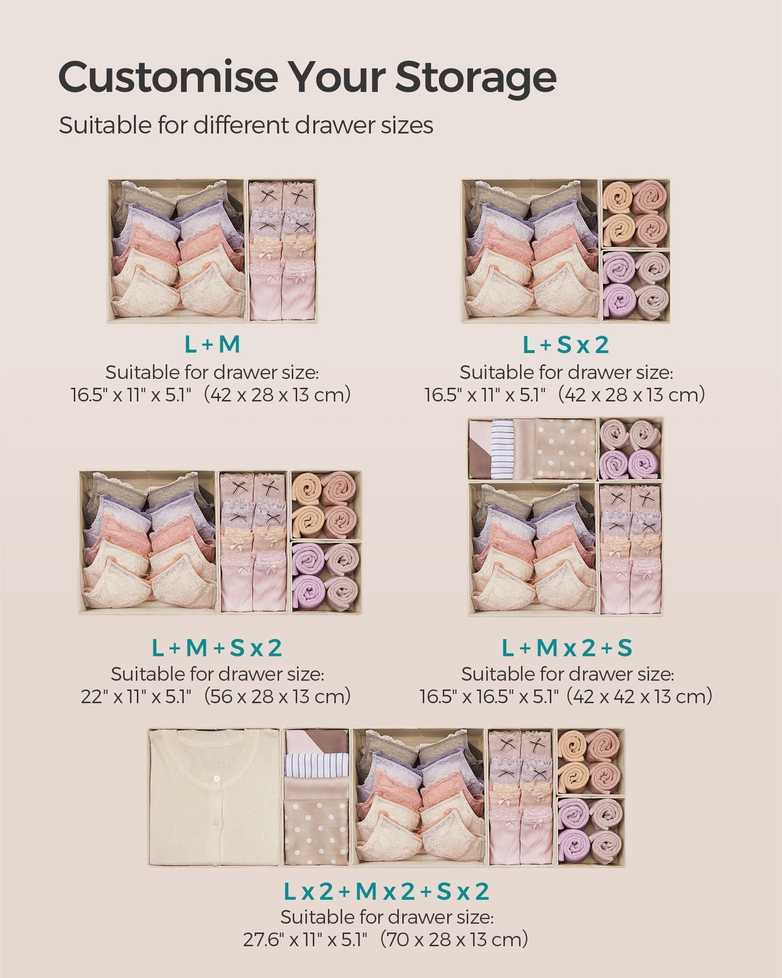 Set of 6 Foldable Fabric Drawer Organisers - Linenette Non-Woven Fabric - Sand Beige - Versatile Storage for Socks