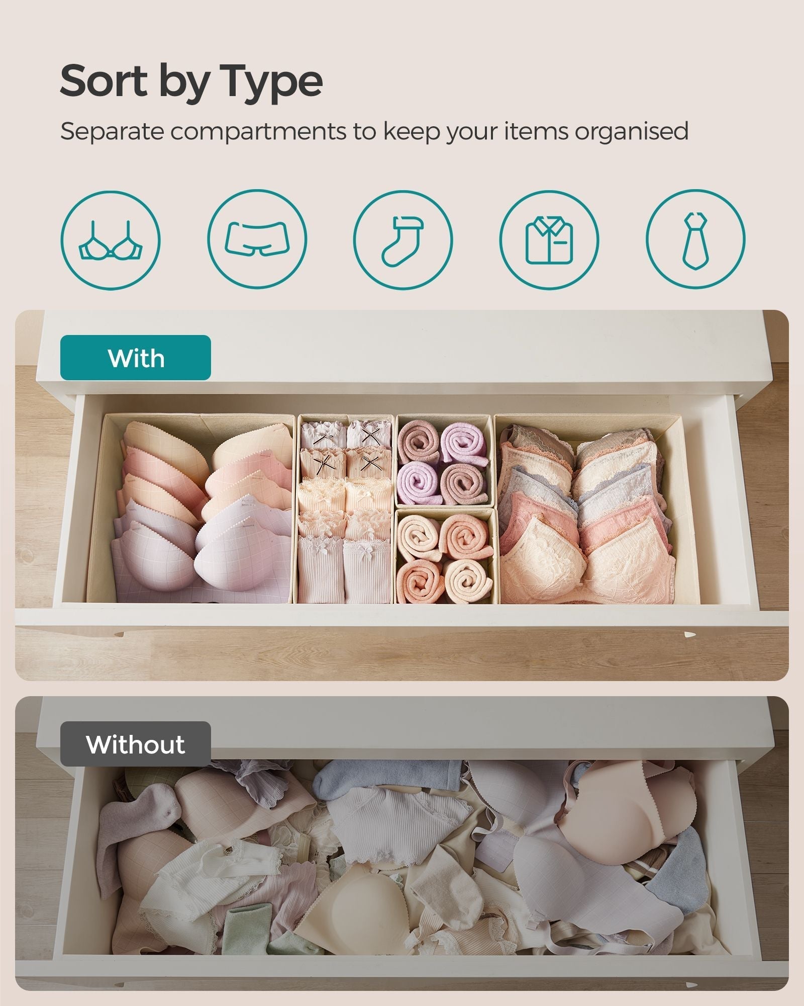 Set of 12 Foldable Fabric Drawer Organisers - Linenette Non-Woven Fabric - Sand Beige - Ideal for Socks