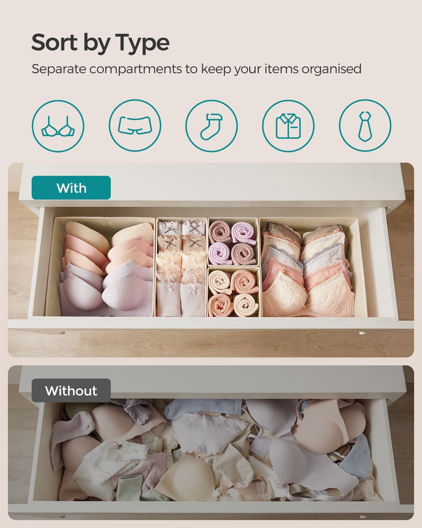 Set of 12 Foldable Fabric Drawer Organisers - Linenette Non-Woven Fabric - Sand Beige - Ideal for Socks