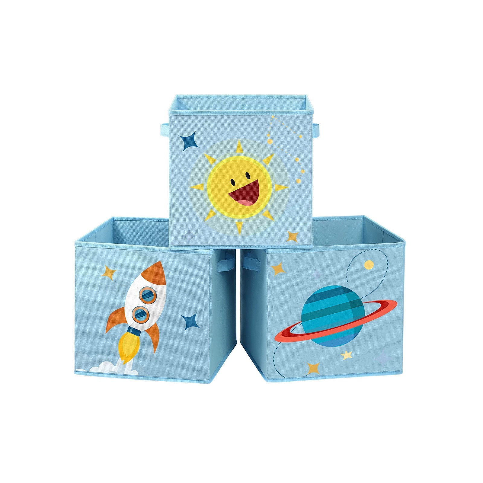Set of 3 Fabric Cube Storage Bins - Blue and Green - Foldable with Handles