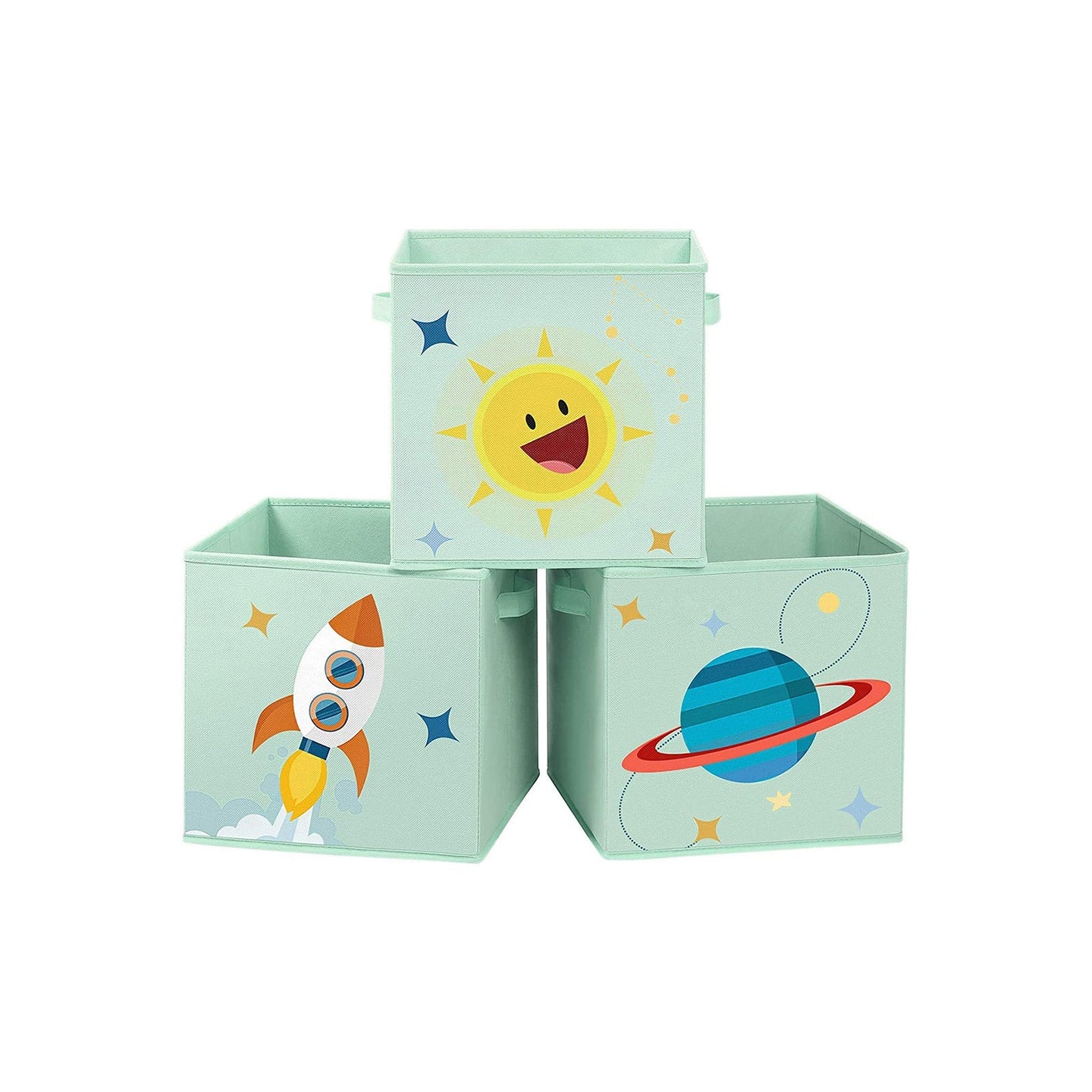 Set of 3 Foldable Toy Storage Boxes - Fabric - Green, Blue, Pink - Space Theme with Handles