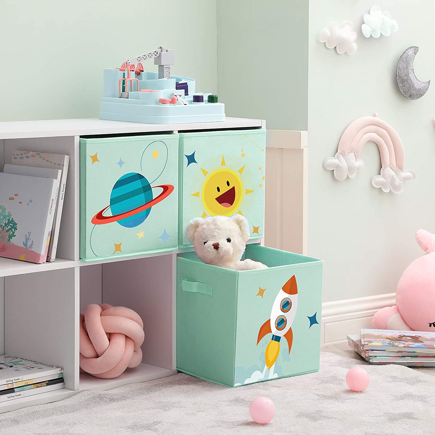 Set of 3 Foldable Toy Storage Boxes - Fabric - Green, Blue, Pink - Space Theme with Handles