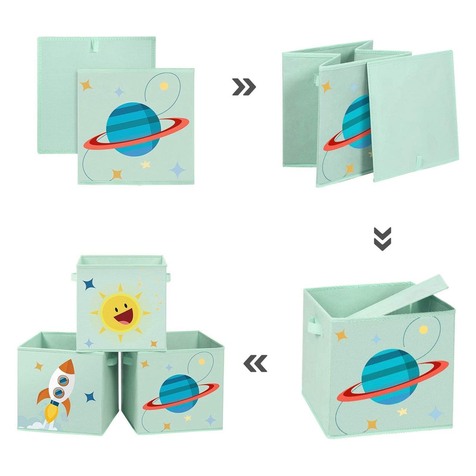 Set of 3 Foldable Toy Storage Boxes - Fabric - Green, Blue, Pink - Space Theme with Handles
