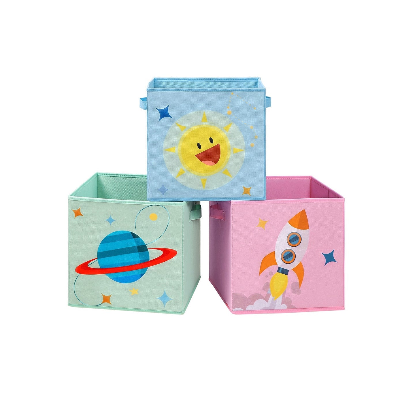Set of 3 Foldable Storage Organizer Boxes - Fabric - Blue, Green, Pink - Space Theme with Handles
