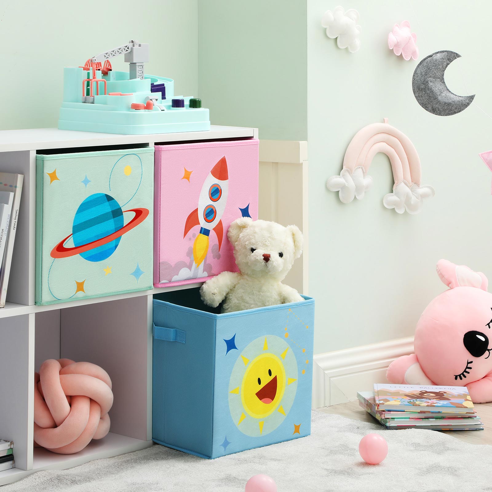 Set of 3 Foldable Storage Organizer Boxes - Fabric - Blue, Green, Pink - Space Theme with Handles