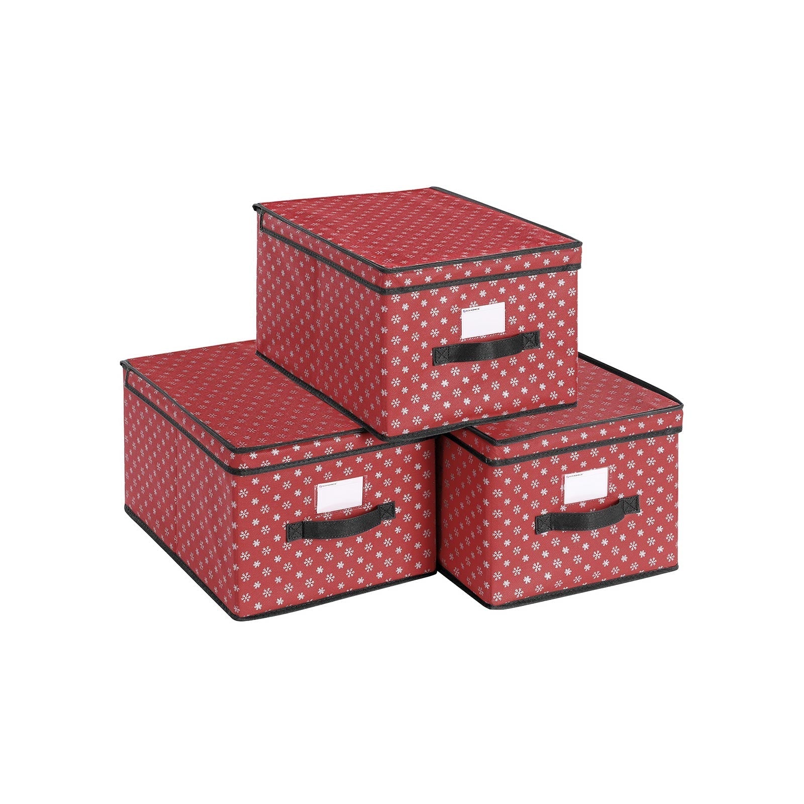Set of 3 Foldable Fabric Storage Boxes - Red with Snowflakes - Lidded for Closet Organization