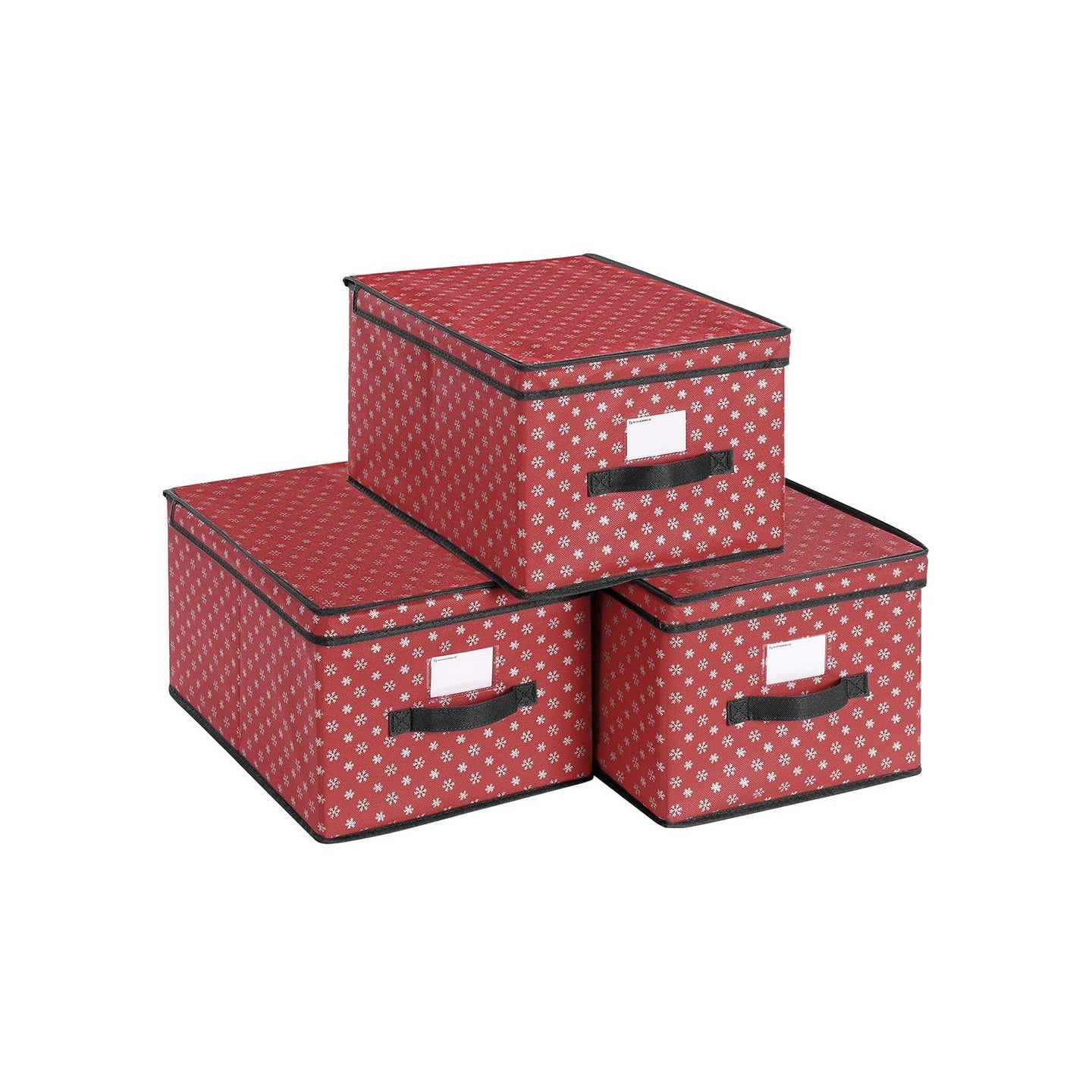 Set of 3 Foldable Fabric Storage Boxes - Red with Snowflakes - Lidded for Closet Organization
