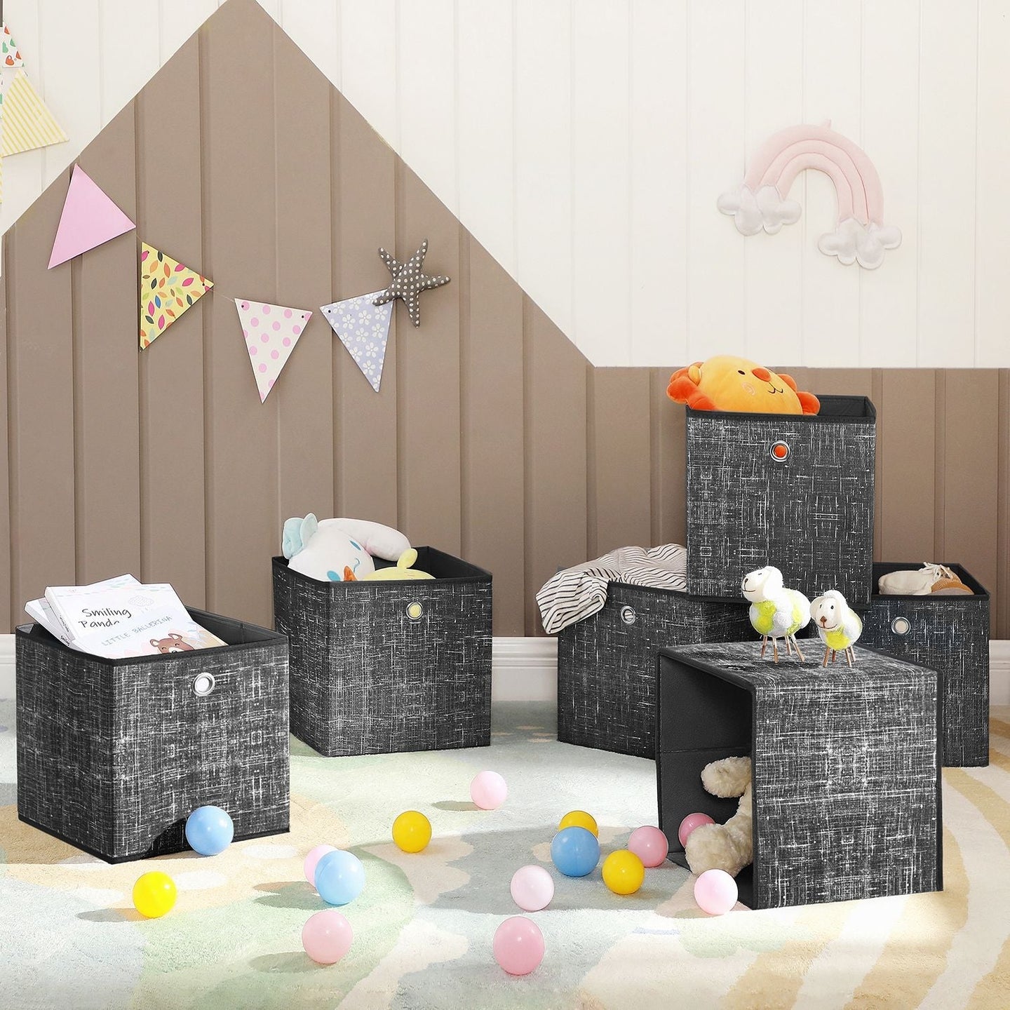 Set of 6 Foldable Non-Woven Fabric Storage Boxes - 30 x 30 x 30 cm - Gray - Includes Handle