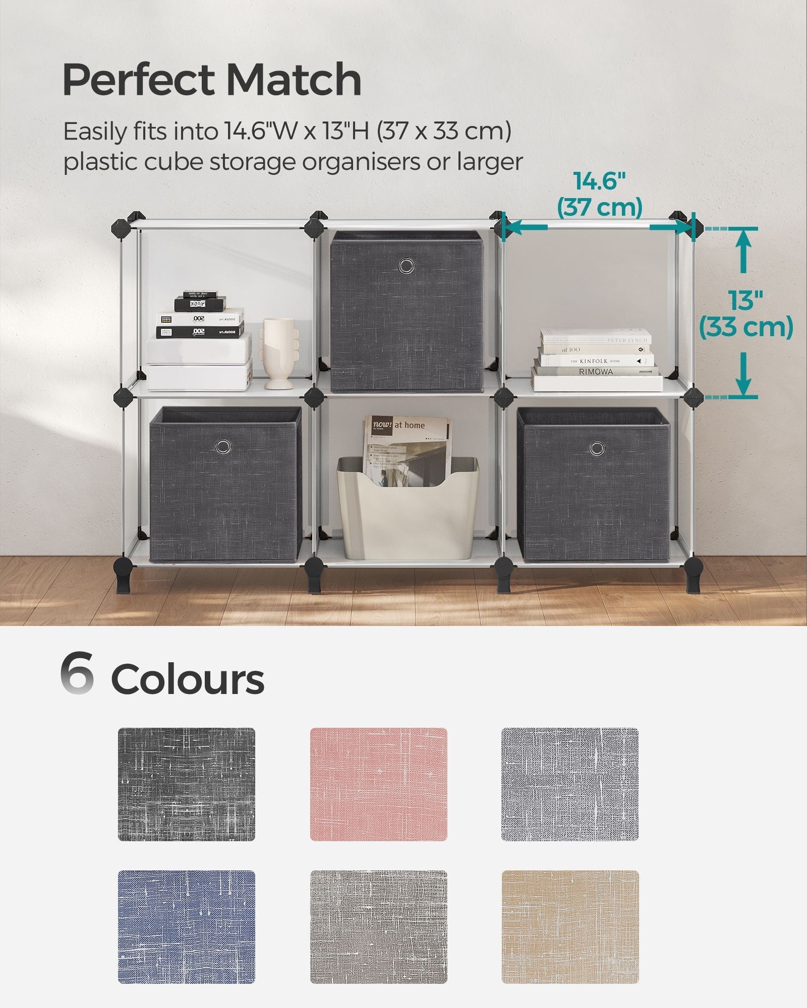 Set of 6 Foldable Non-Woven Fabric Storage Boxes - 30 x 30 x 30 cm - Gray - Includes Handle