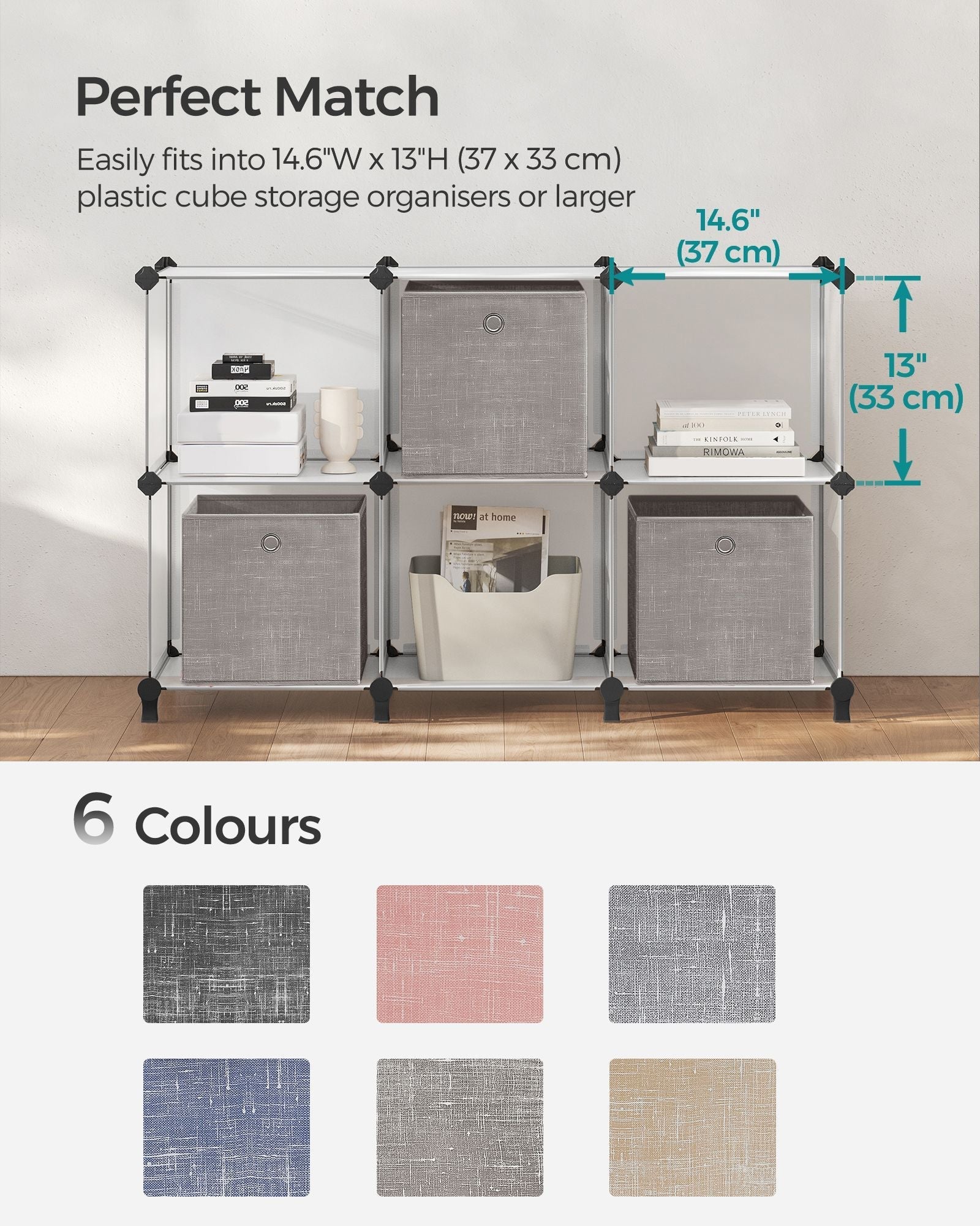 Set of 6 Foldable Non-Woven Fabric Storage Boxes - 30 x 30 x 30 cm - Gray - Includes Handle