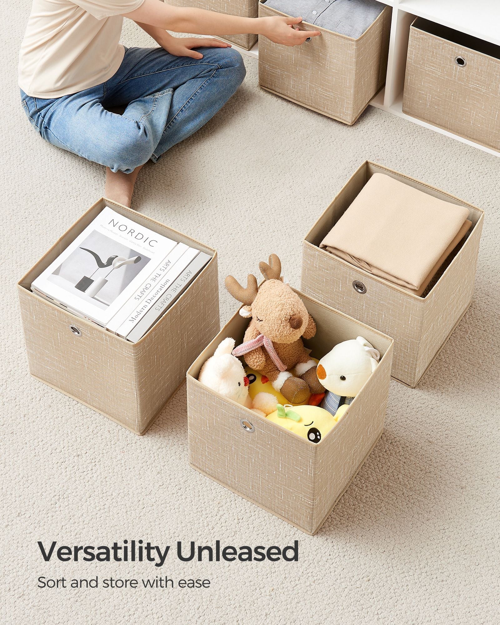 Set of 6 Foldable Non-Woven Fabric Storage Boxes - 30 x 30 x 30 cm - Gray - Includes Handle