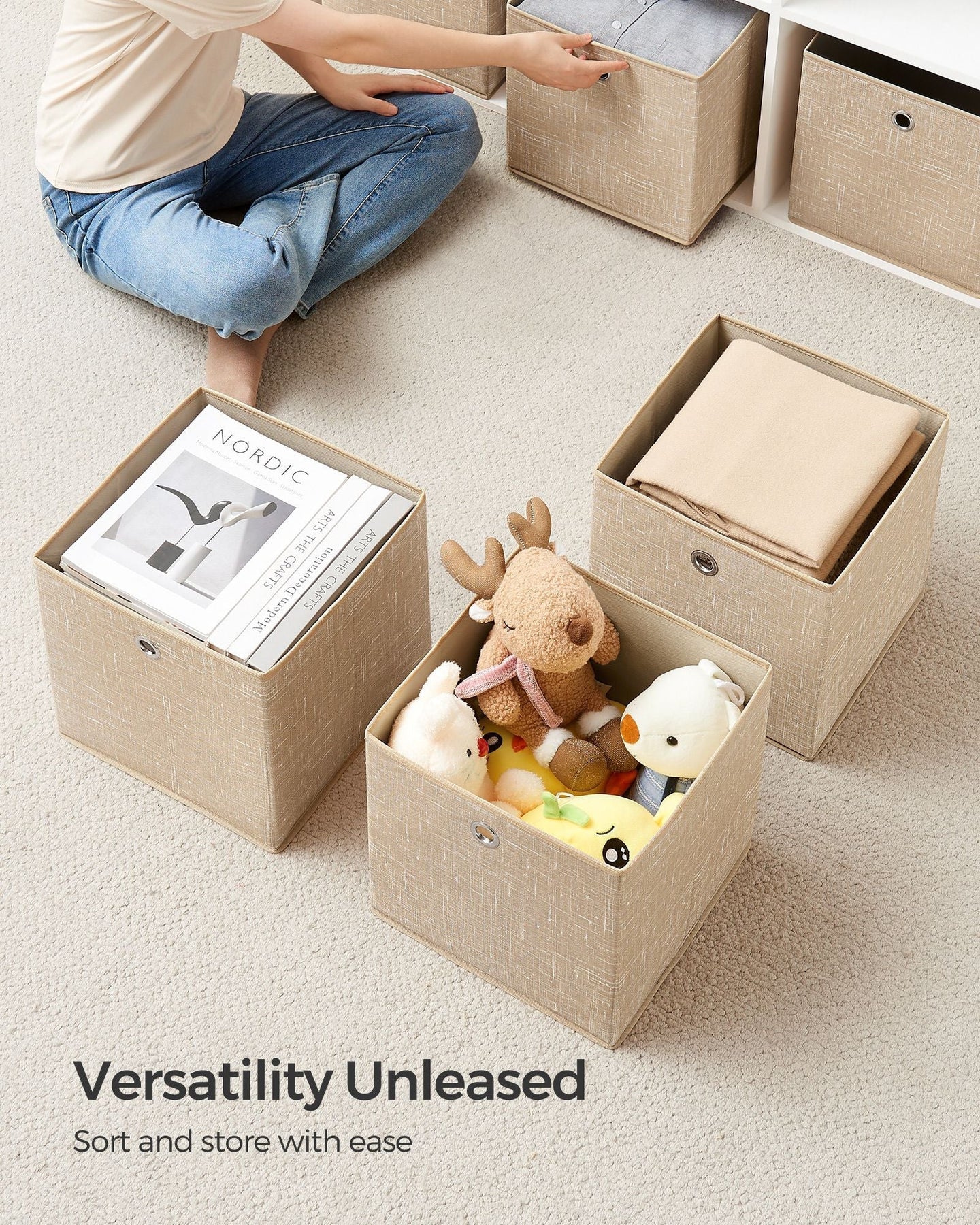 Set of 6 Foldable Non-Woven Fabric Storage Boxes - 30 x 30 x 30 cm - Gray - Includes Handle