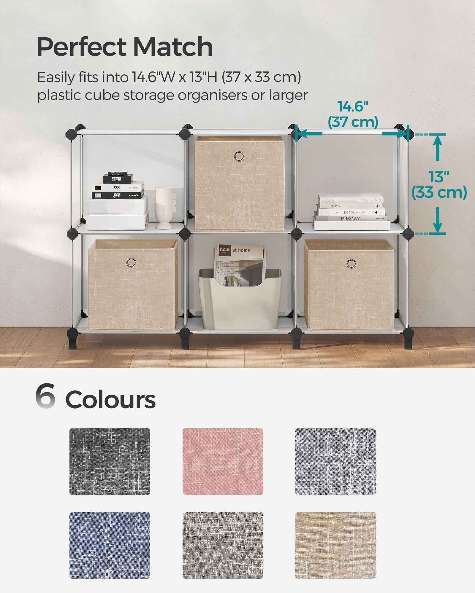 Set of 6 Foldable Non-Woven Fabric Storage Boxes - 30 x 30 x 30 cm - Gray - Includes Handle