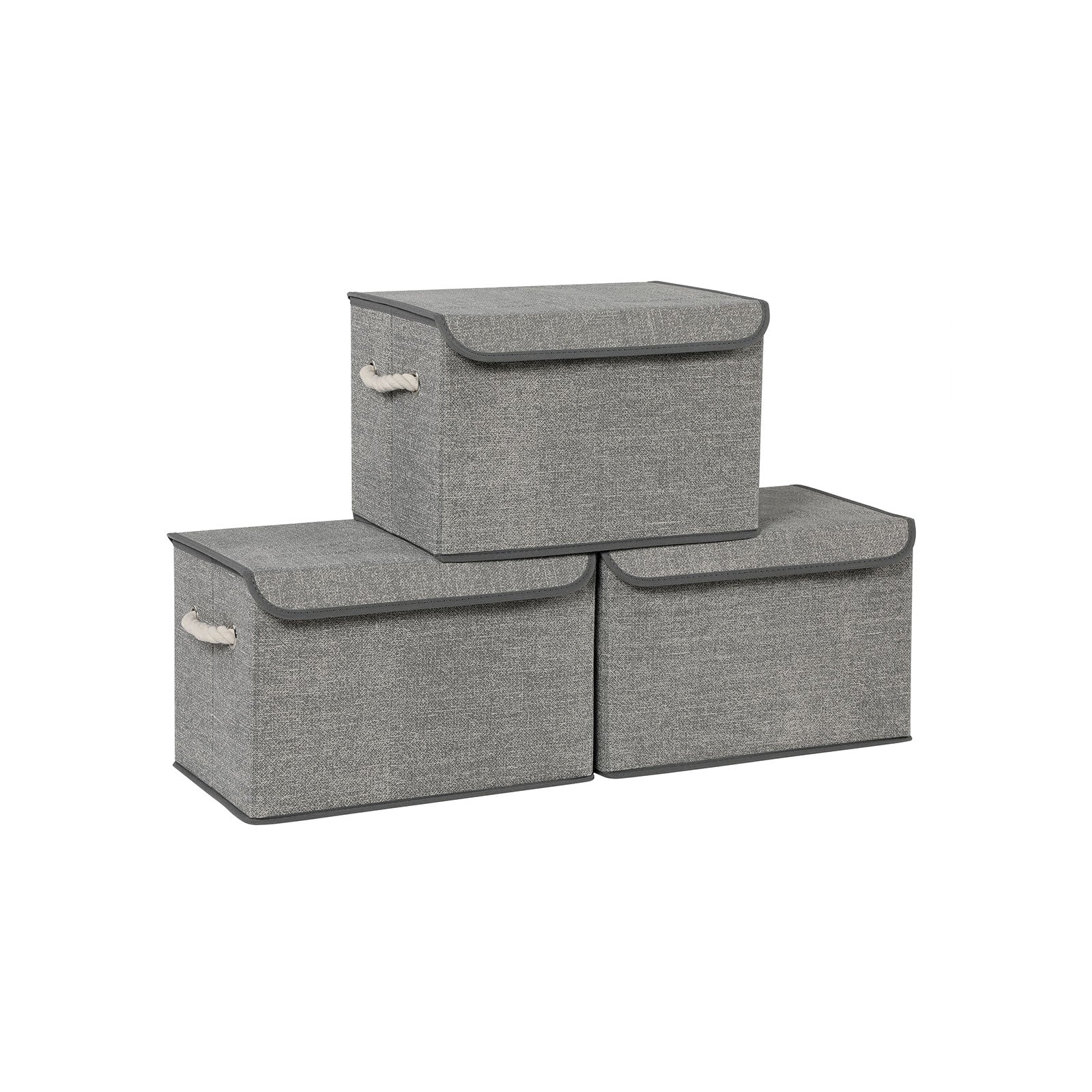 Set of 3 Fabric Storage Boxes - Linen - Grey - with Lid and Cotton Handles