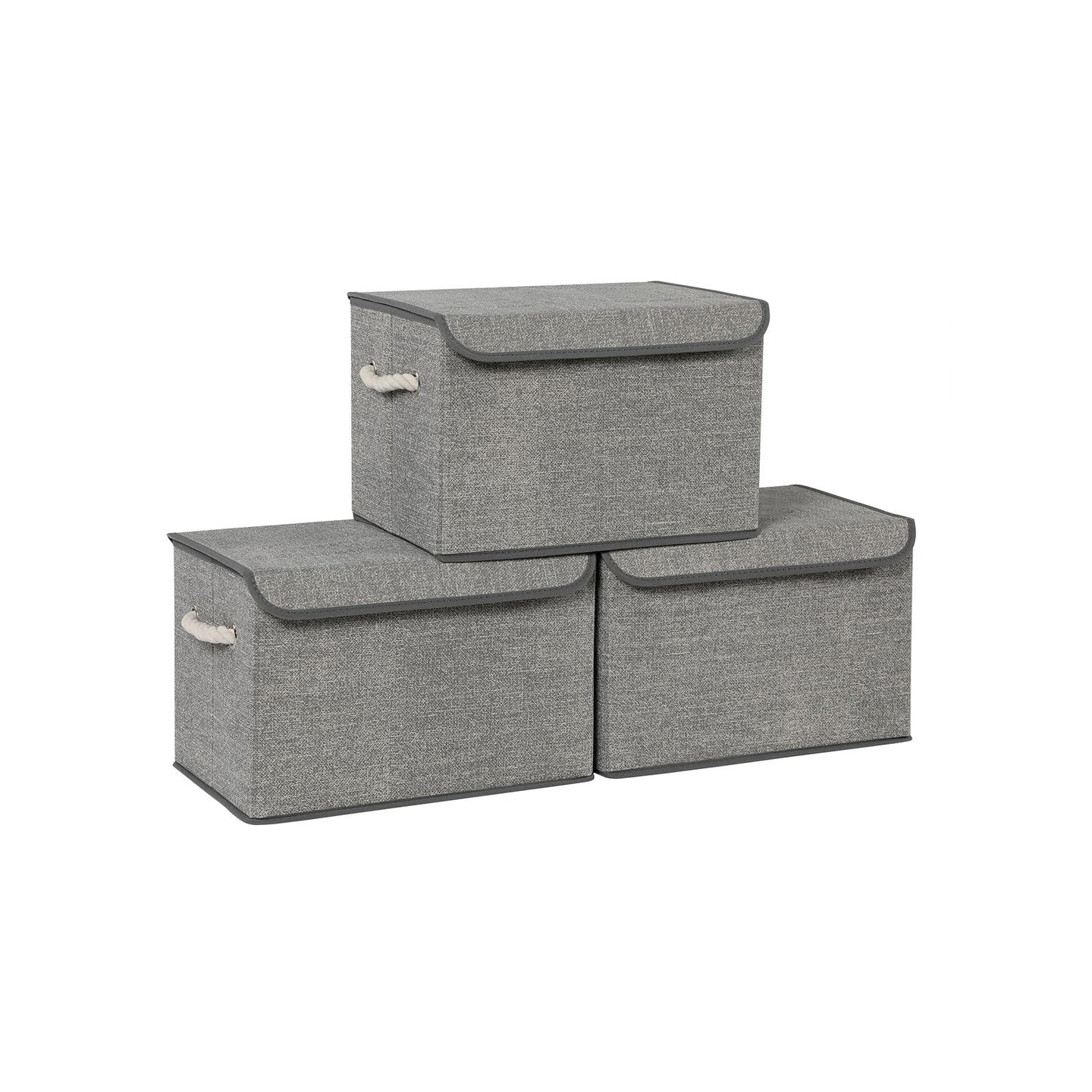 Set of 3 Fabric Storage Boxes - Linen - Grey - with Lid and Cotton Handles