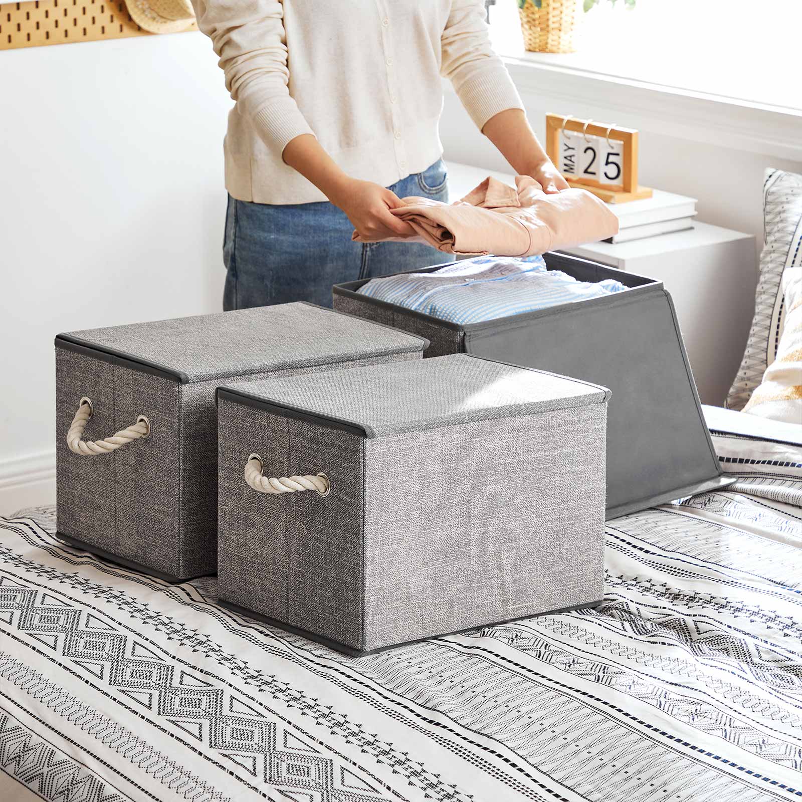 Set of 3 Fabric Storage Boxes - Linen - Grey - with Lid and Cotton Handles