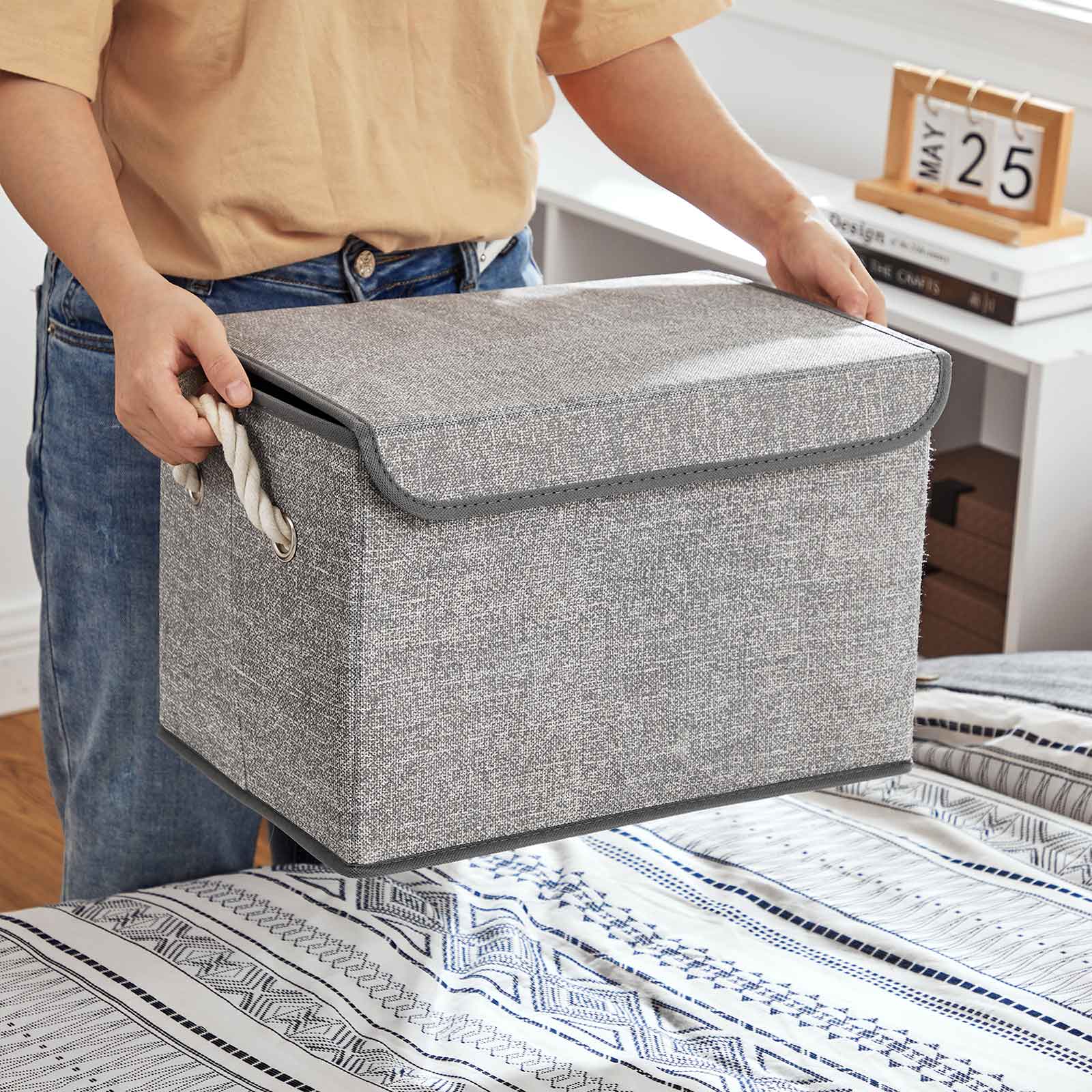 Set of 3 Fabric Storage Boxes - Linen - Grey - with Lid and Cotton Handles