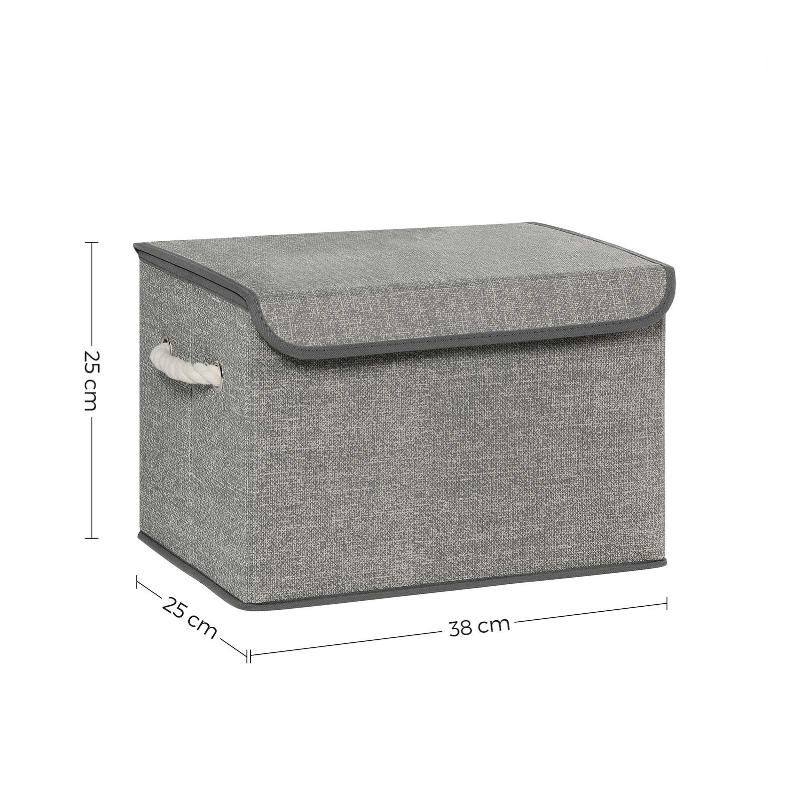 Set of 3 Fabric Storage Boxes - Linen - Grey - with Lid and Cotton Handles