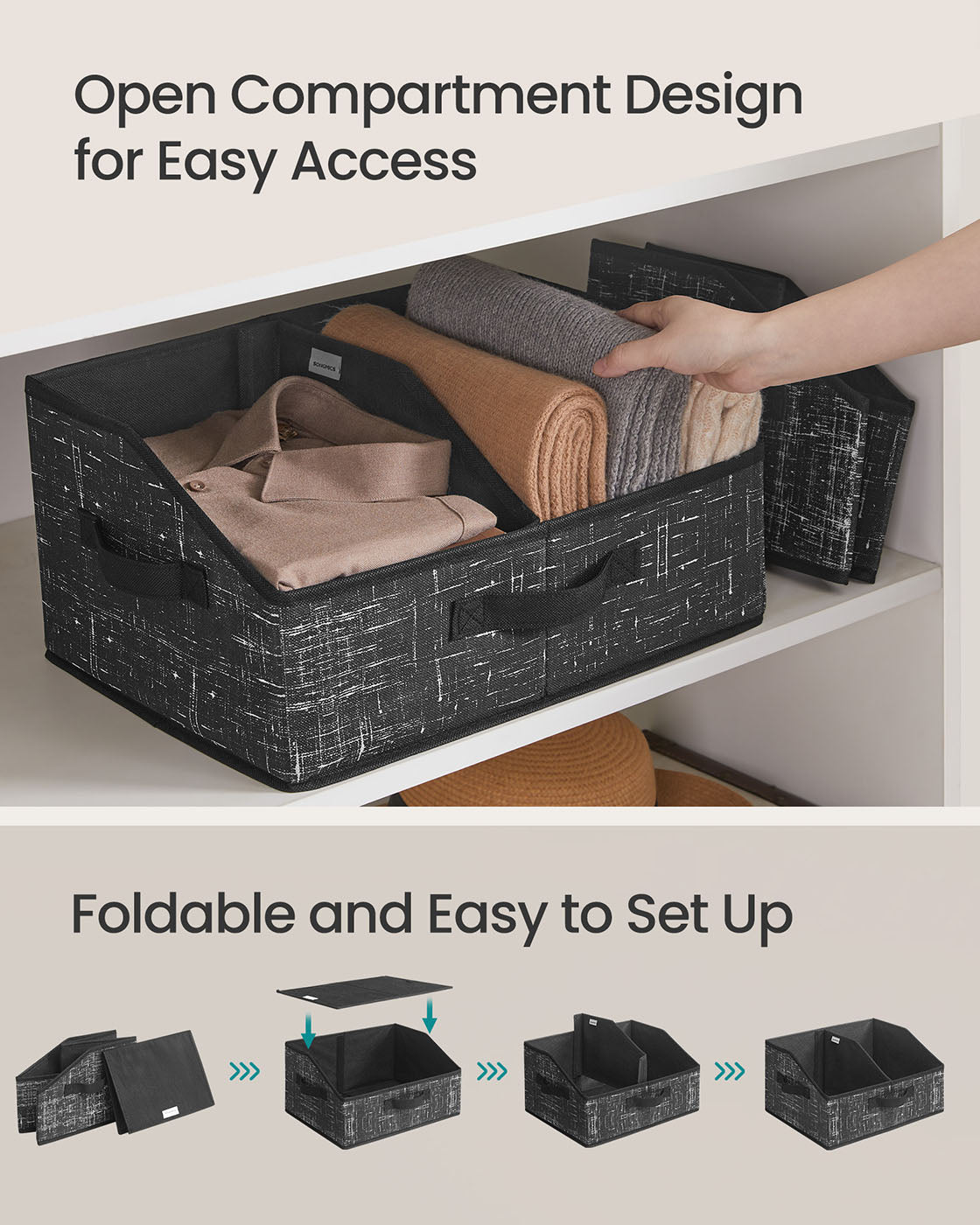 Collapsible Storage Boxes Set - Set of 6 with 3 Handles - Fabric - Ink Black