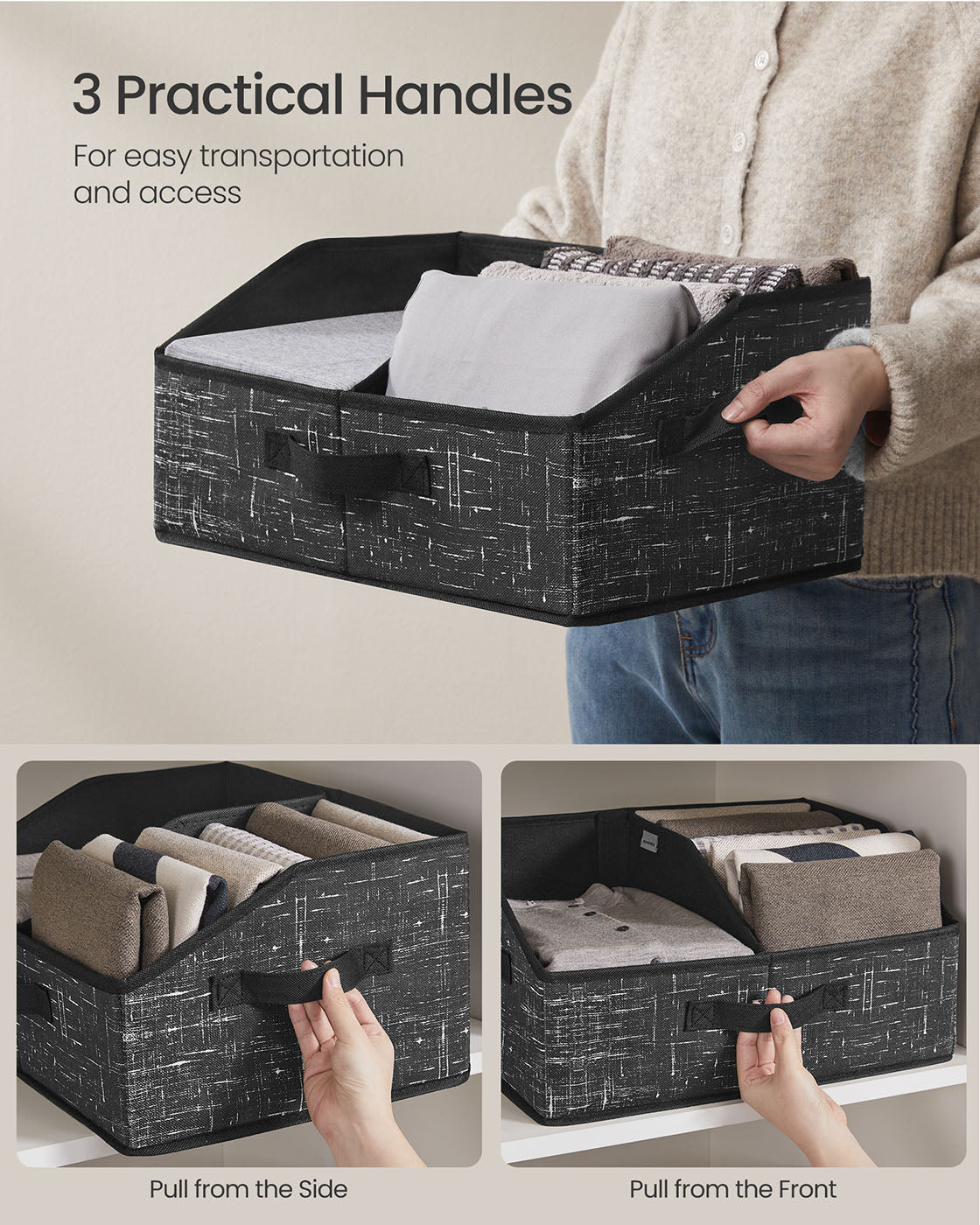 Collapsible Storage Boxes Set - Set of 6 with 3 Handles - Fabric - Ink Black
