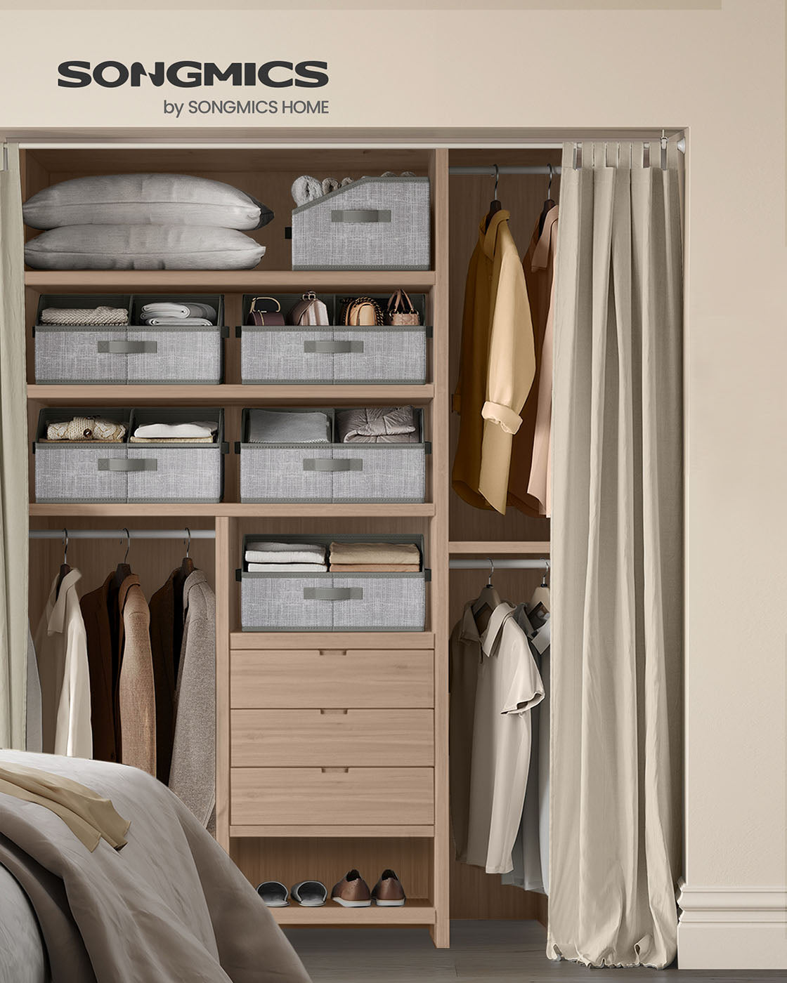 Set of 6 Collapsible Storage Boxes - Fabric - Cattail Grey - Versatile Organizers with 3 Handles