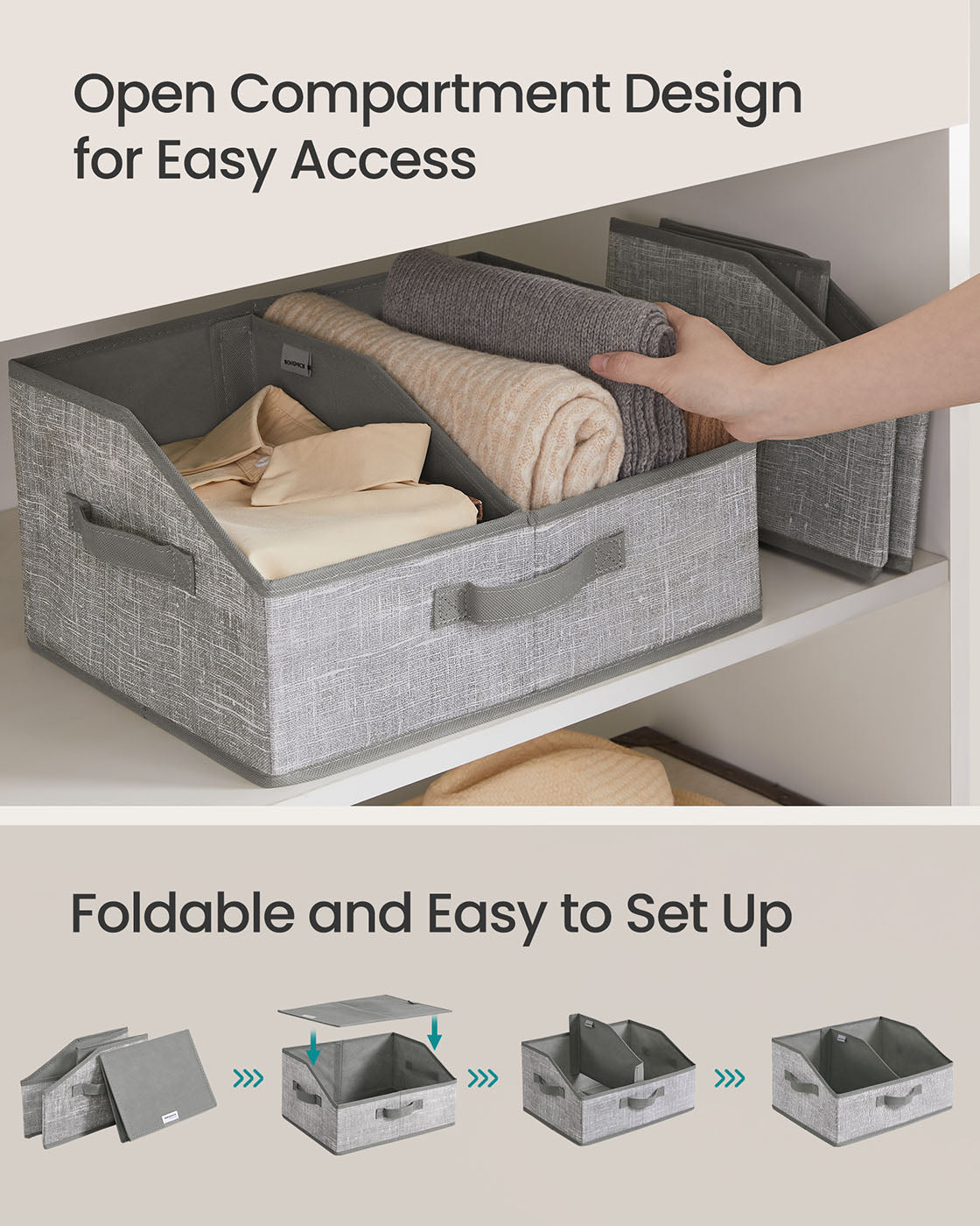 Set of 6 Collapsible Storage Boxes - Fabric - Cattail Grey - Versatile Organizers with 3 Handles