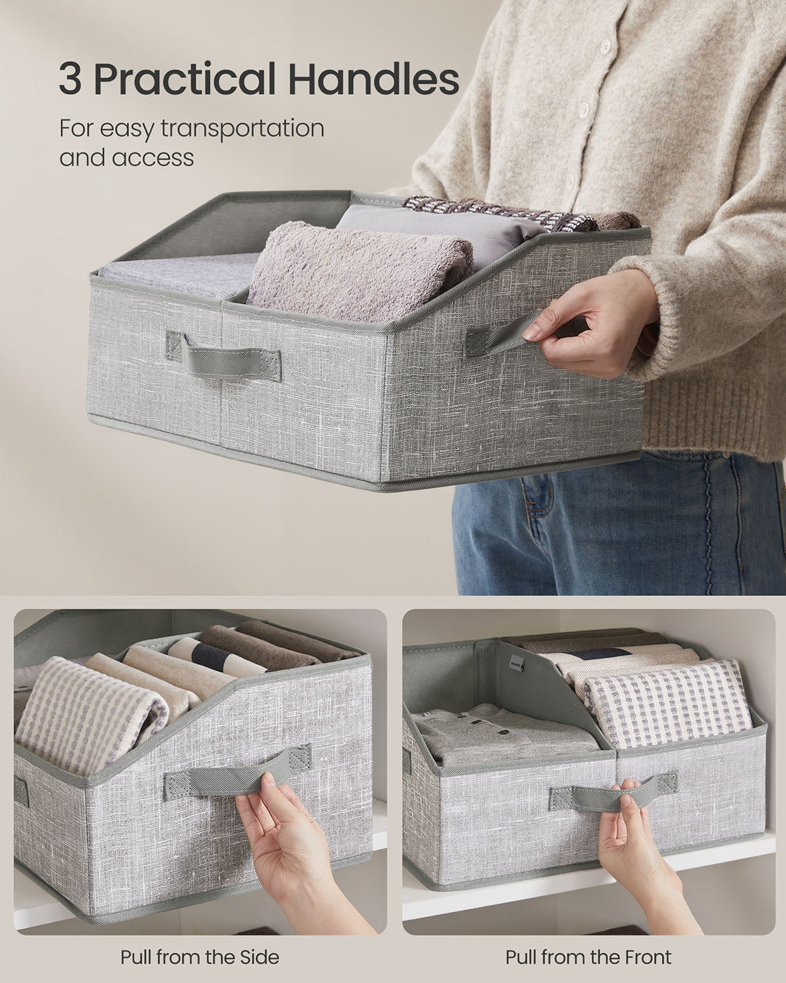Set of 6 Collapsible Storage Boxes - Fabric - Cattail Grey - Versatile Organizers with 3 Handles