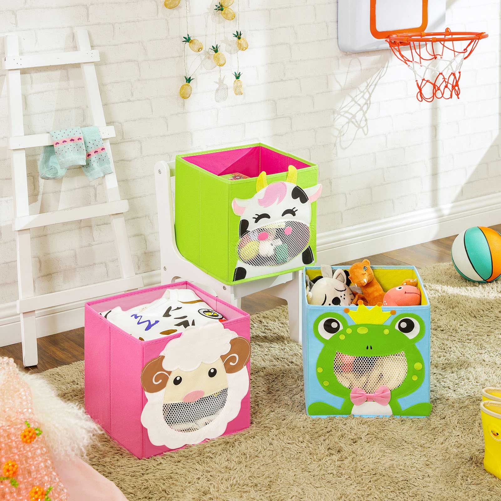 Foldable Storage Boxes - Fabric - Multicolor - Set of 3 with Animal Motifs