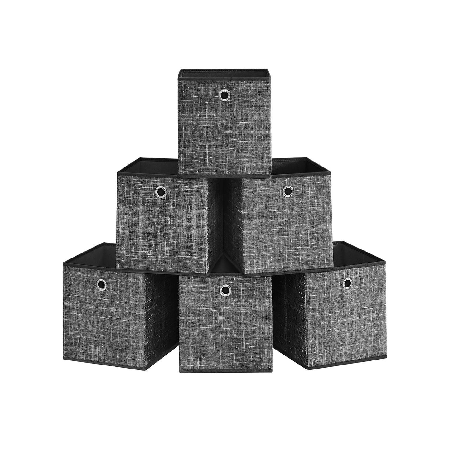 Set of 6 Foldable Fabric Storage Boxes - 30 x 30 x 30 cm - Heathered Black - Convenient Fingerhole